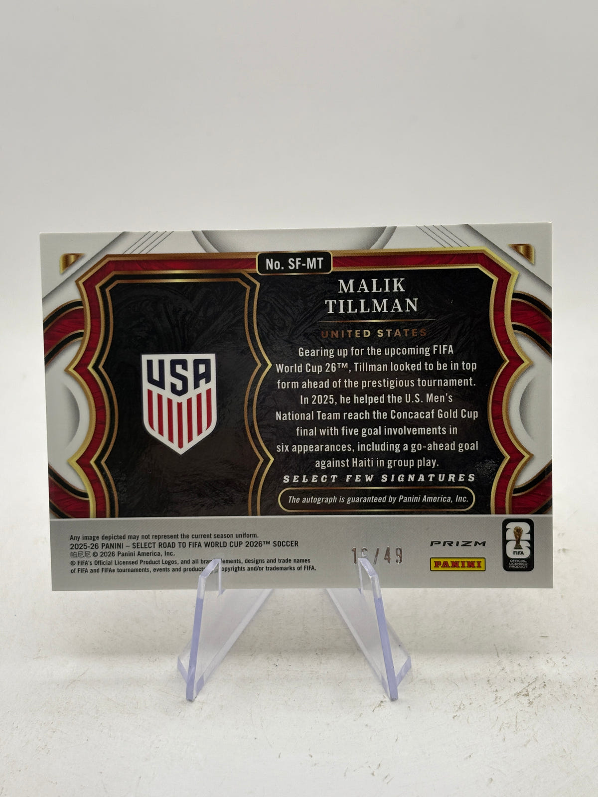 2025-26 MALIK TILLMAN /49 AUTO PANINI SELECT ROAD TO FIFA WORLD CUP PURPLE image 2