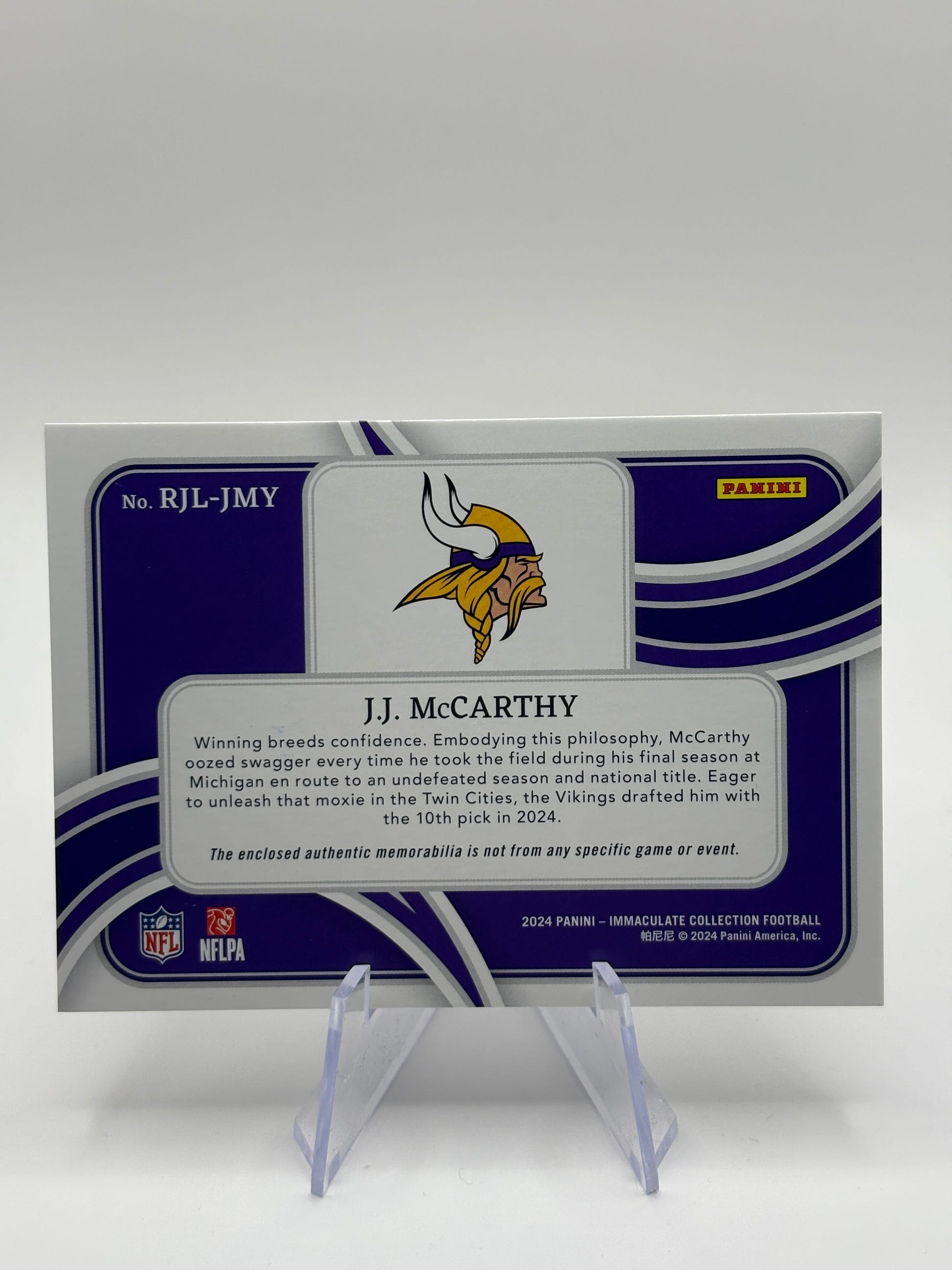 J.J. McCarthy 2024 Panini Immaculate #RJL-JMY Rookie Gloves Brand Logos /15 RC FRENLY BRICKS - Open 7 Days image 4
