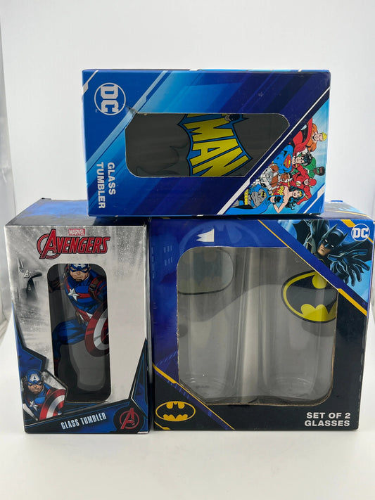 Four Glass Tumbler Lot Marvel Captain America DC BATMAN In Box +combinedshipping FRENLY BRICKS - Open 7 Days