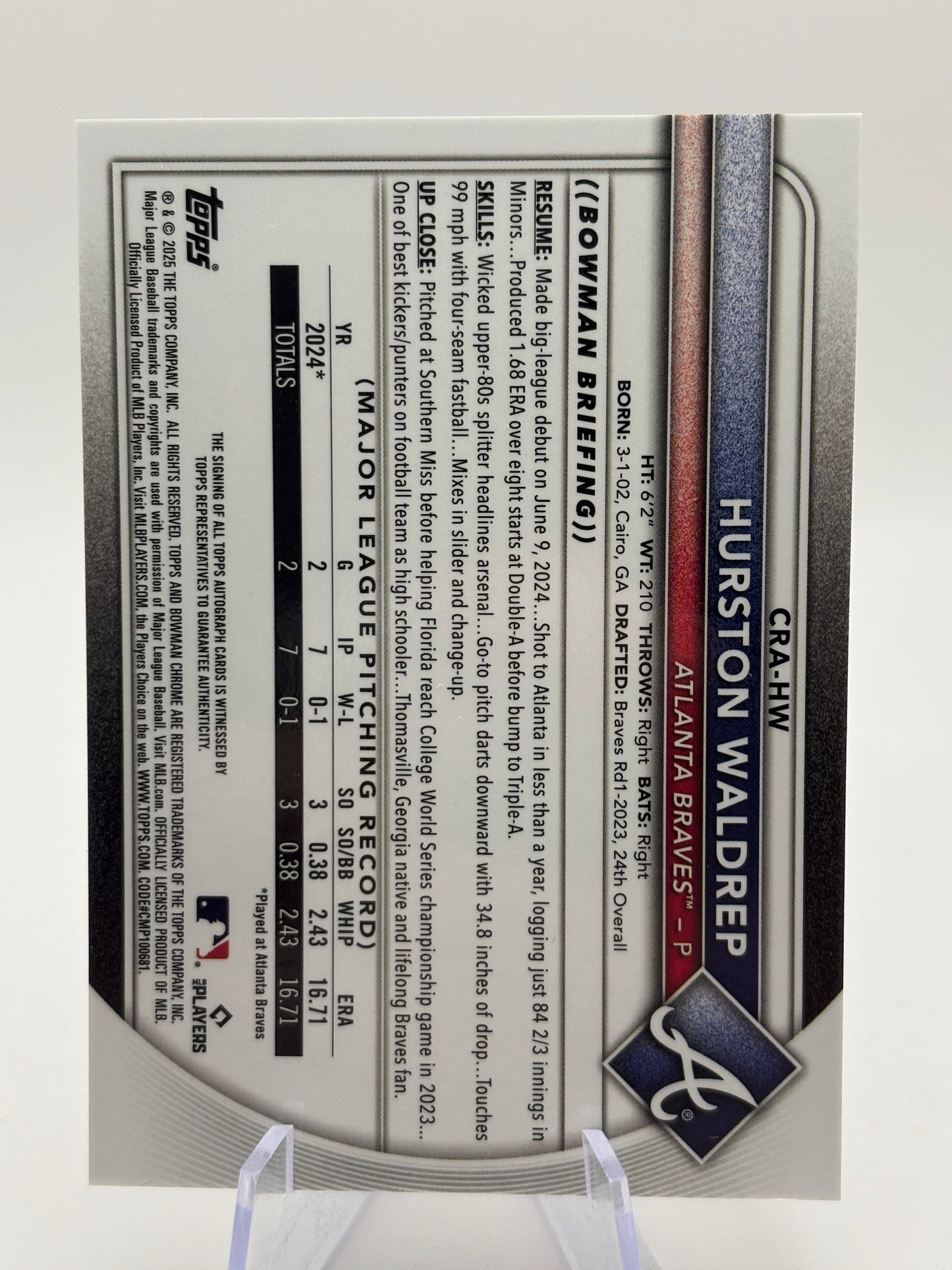 2025 Bowman - Chrome Autographs Hurston Waldrep /50 CRA-HW RC FRENLY BRICKS - Open 7 Days