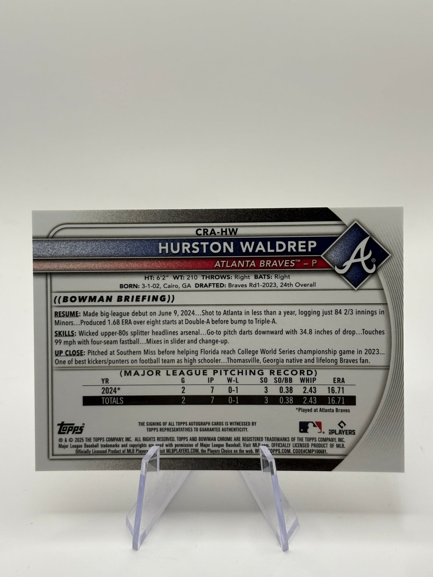 2025 Bowman - Chrome Autographs Hurston Waldrep /50 CRA-HW RC FRENLY BRICKS - Open 7 Days