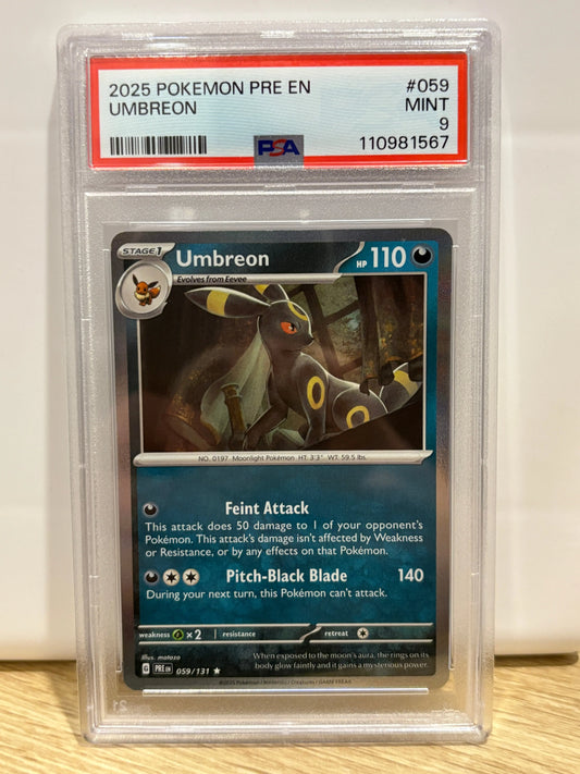 2025 Pokemon Prismatic Evolutions Umbreon 059/131 Holo PSA 9 (1) FRENLY BRICKS - Open 7 Days