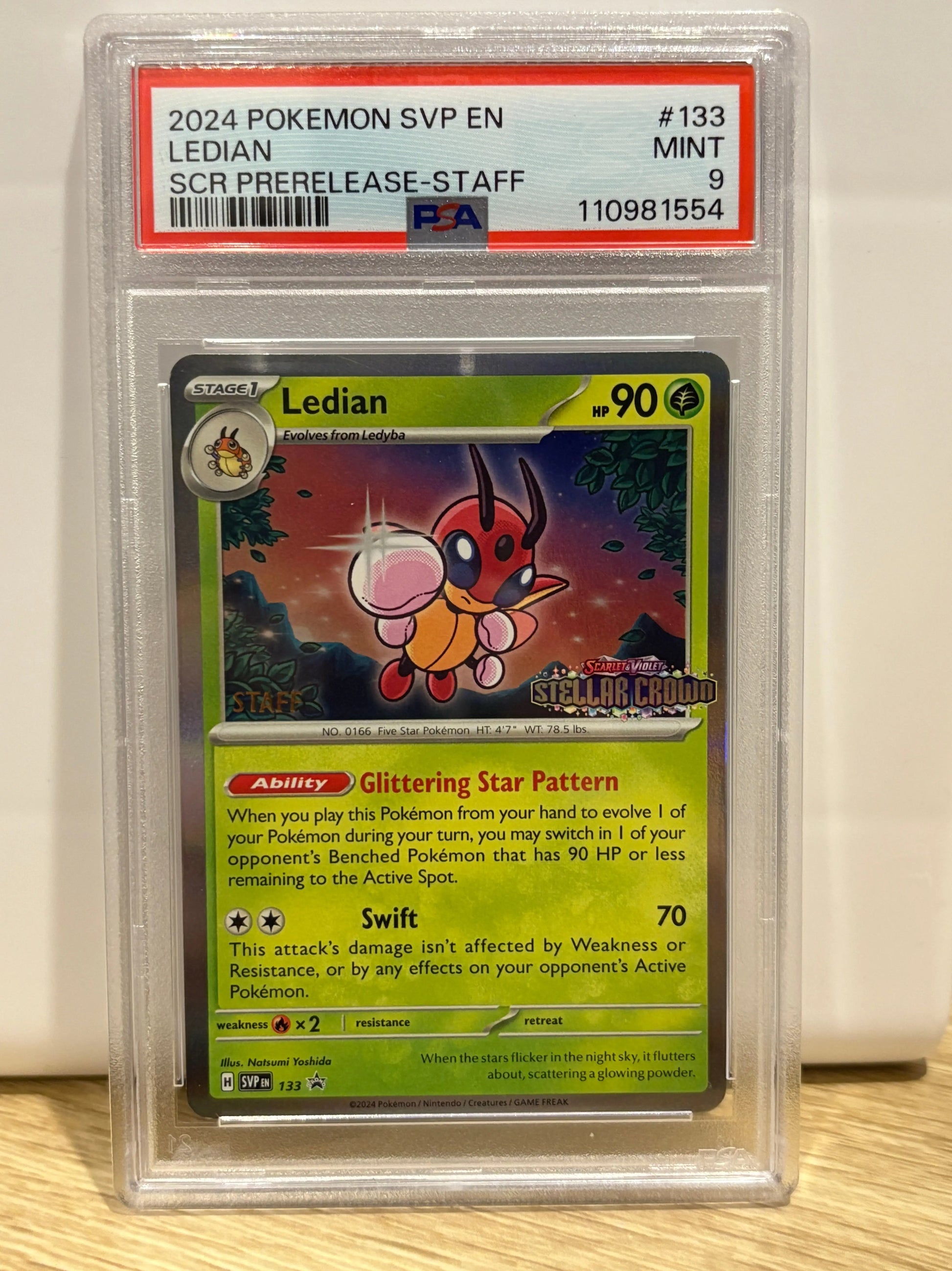 2024 Pokemon Stellar Crown Staff Pre Release Ledian SVP133 PSA 9 FRENLY BRICKS - Open 7 Days
