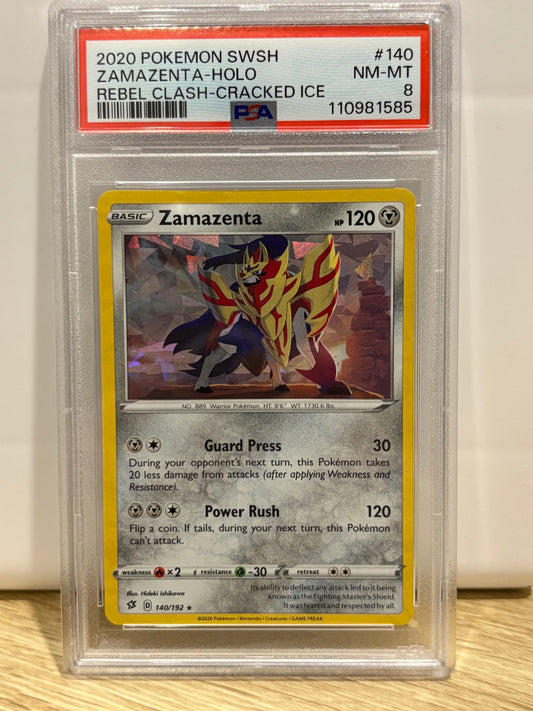 2020 Pokemon Rebel Clash SWSH Cracked Ice Holo Zamazenta 140/192 PSA 8 FRENLY BRICKS - Open 7 Days