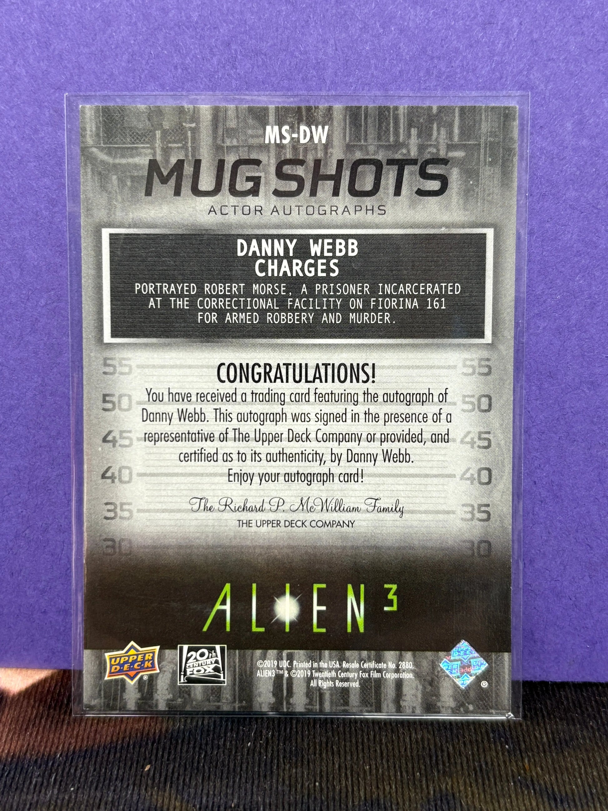 2021 Upper Deck Alien 3 Mug Shots Auto Inscriptions Danny Webb #MS-DW FRENLY BRICKS - Open 7 Days