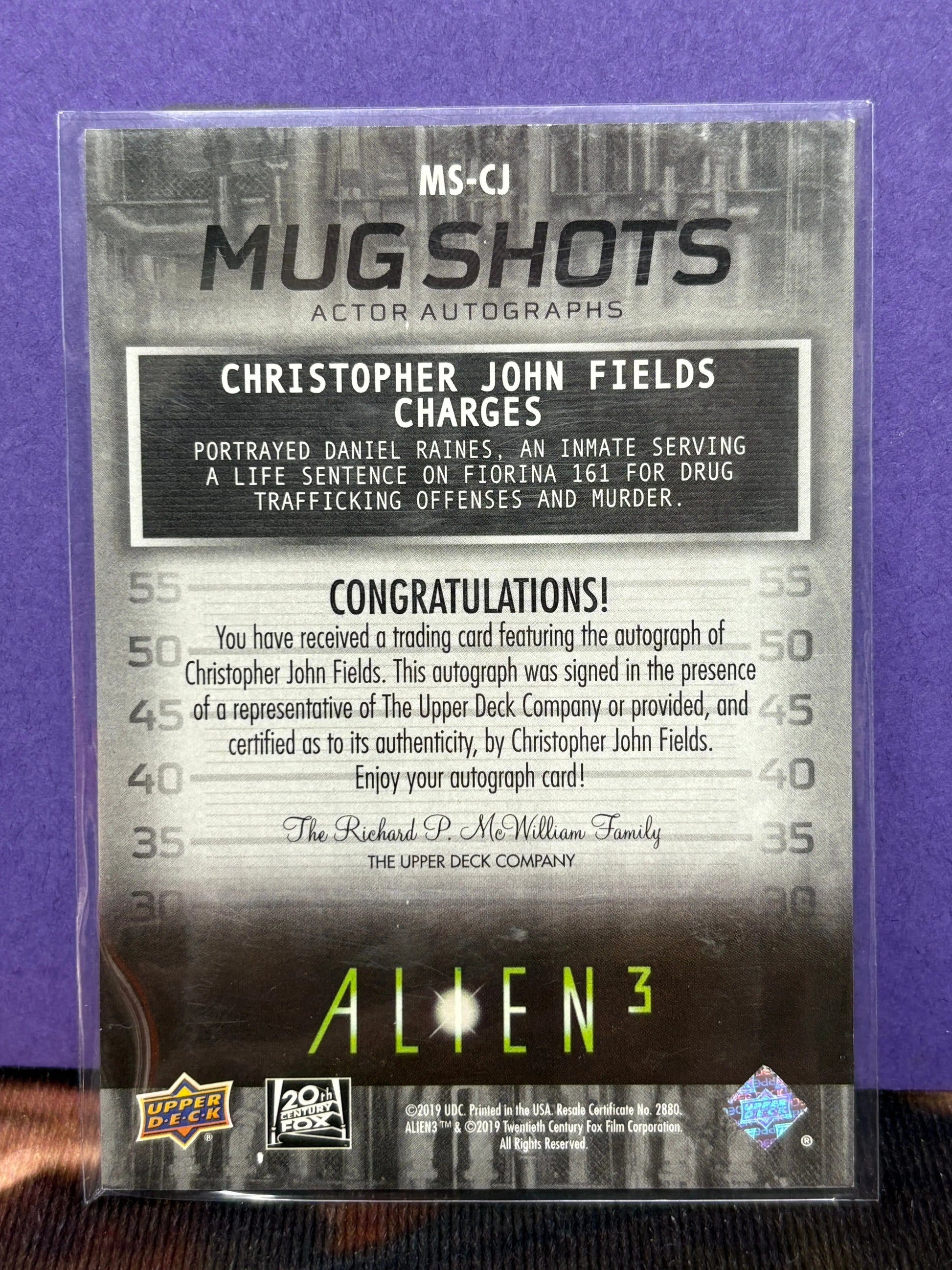 2021 Upper Deck Alien 3 Mug Shots Autograph Card Christopher John Fields (2) FRENLY BRICKS - Open 7 Days