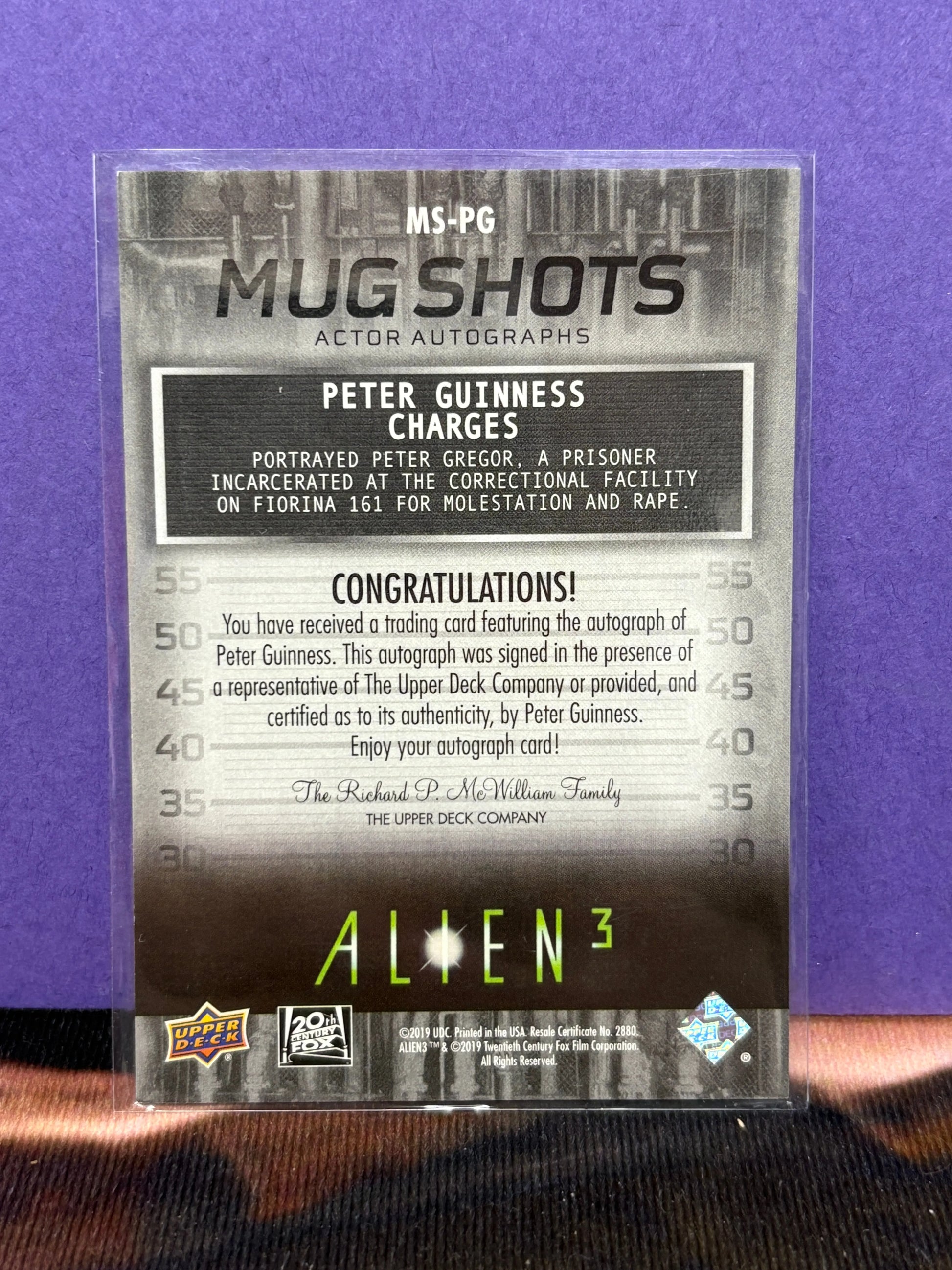 2021 Upper Deck Alien3 MugShots Green Peter Gregor As Peter Guinness #MS-PG Auto (1) FRENLY BRICKS - Open 7 Days