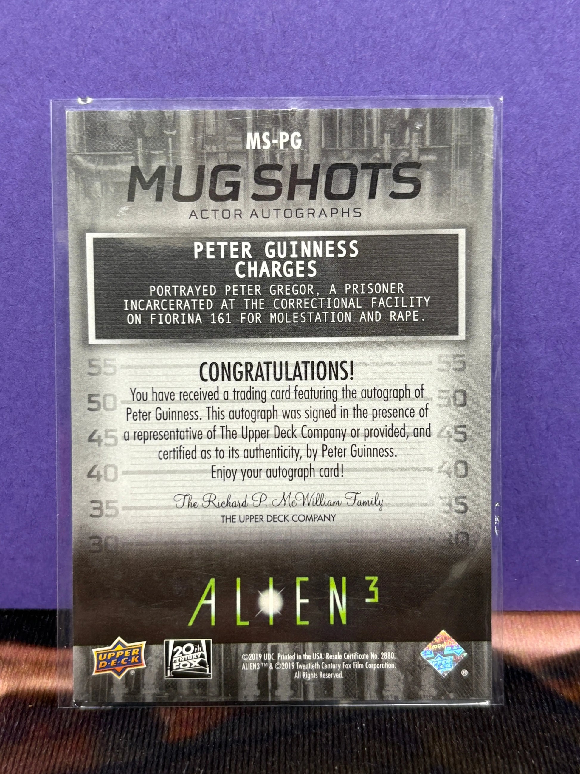 2021 Upper Deck Alien3 MugShots Green Peter Gregor As Peter Guinness #MS-PG Auto (2) FRENLY BRICKS - Open 7 Days