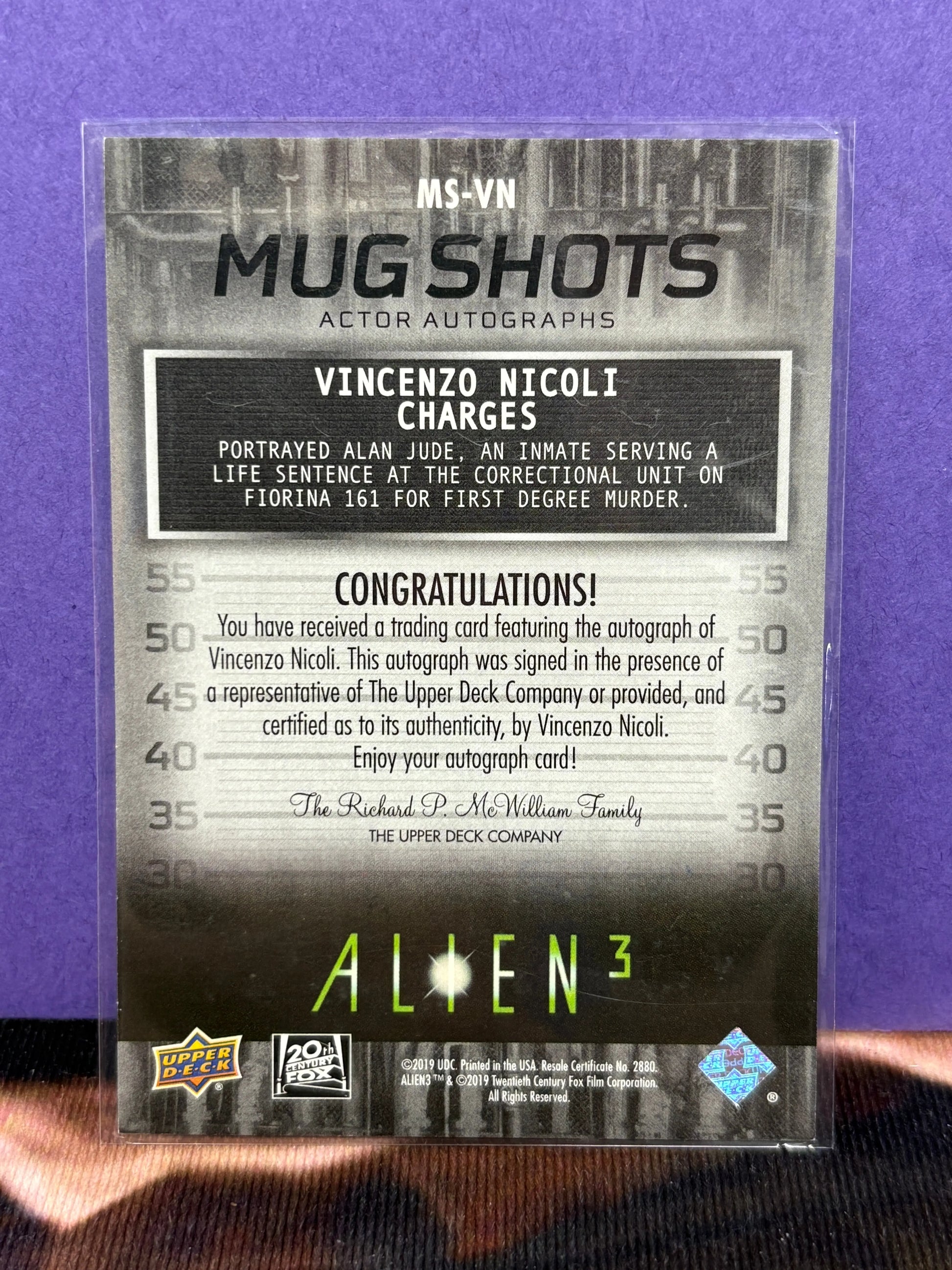 2021 Upper Deck Alien 3 #MS-VN Vincenzo Nicoli Mug Shots Green Autographs (1) FRENLY BRICKS - Open 7 Days