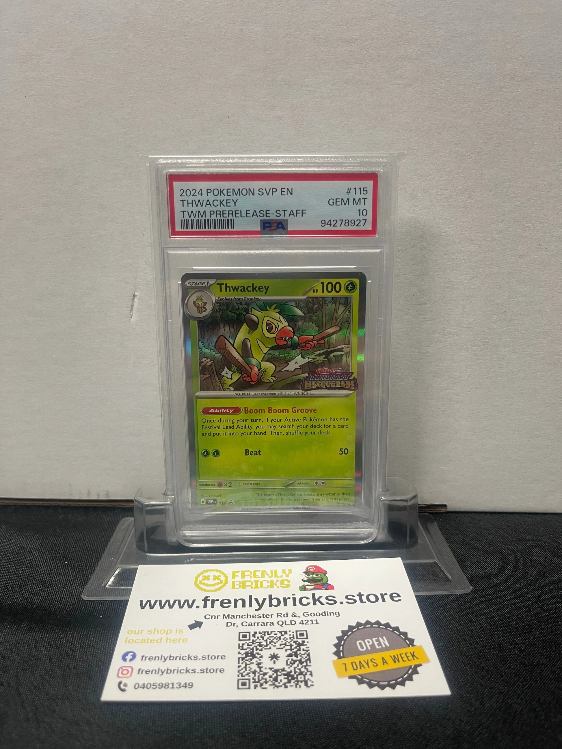 PSA 10 Staff Promo Thwackey Pokemon Twilight Masquerade #115 FRENLY BRICKS - Open 7 Days