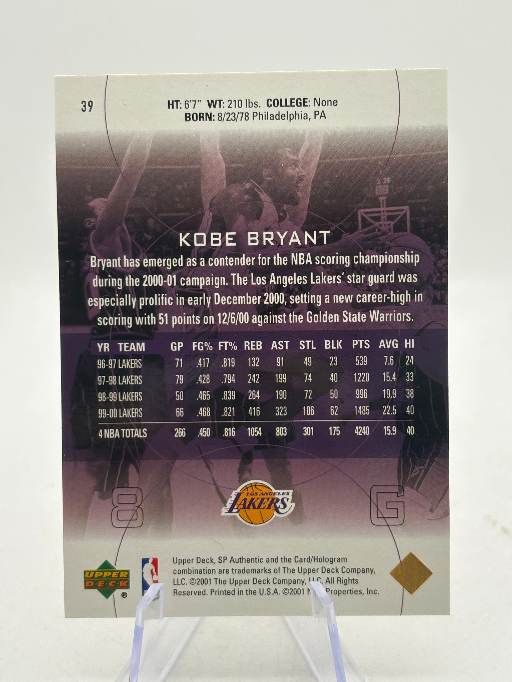 2001 Upper Deck #39 Kobe Bryant SP Authentic FRENLY BRICKS - Open 7 Days image 2