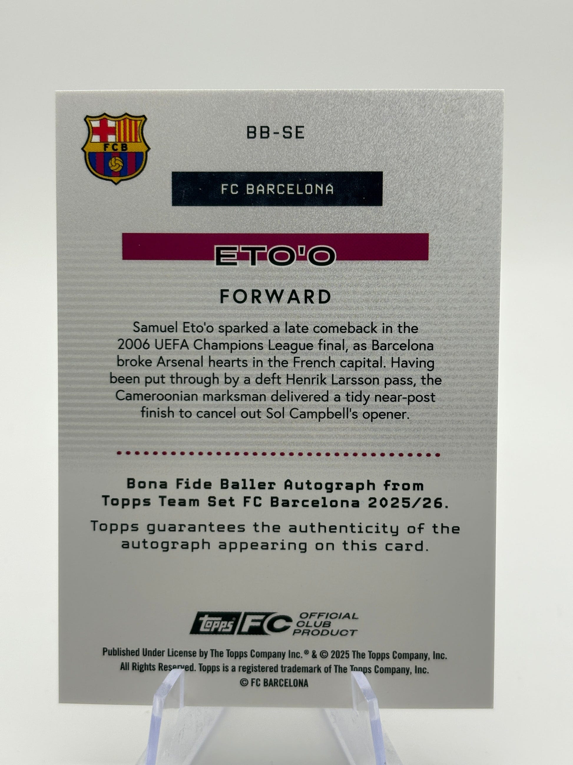 Samuel Eto’o Auto /99 Topps FC Barcelona 2025-26 Bona Fide Baller Autograph FRENLY BRICKS - Open 7 Days image 2