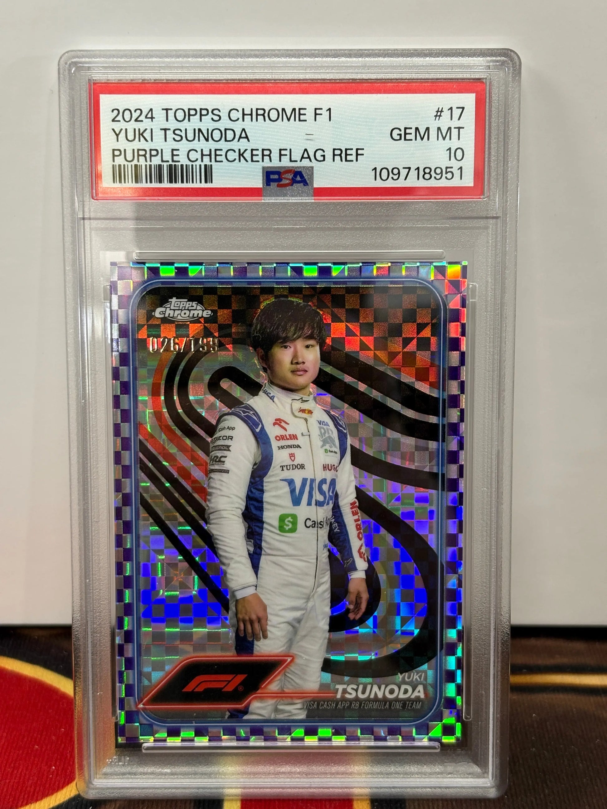 2024 Topps Chrome F1 Yuki Tsunoda Purple Checker Flag Refractor PSA 10 POP: 1 FRENLY BRICKS - Open 7 Days