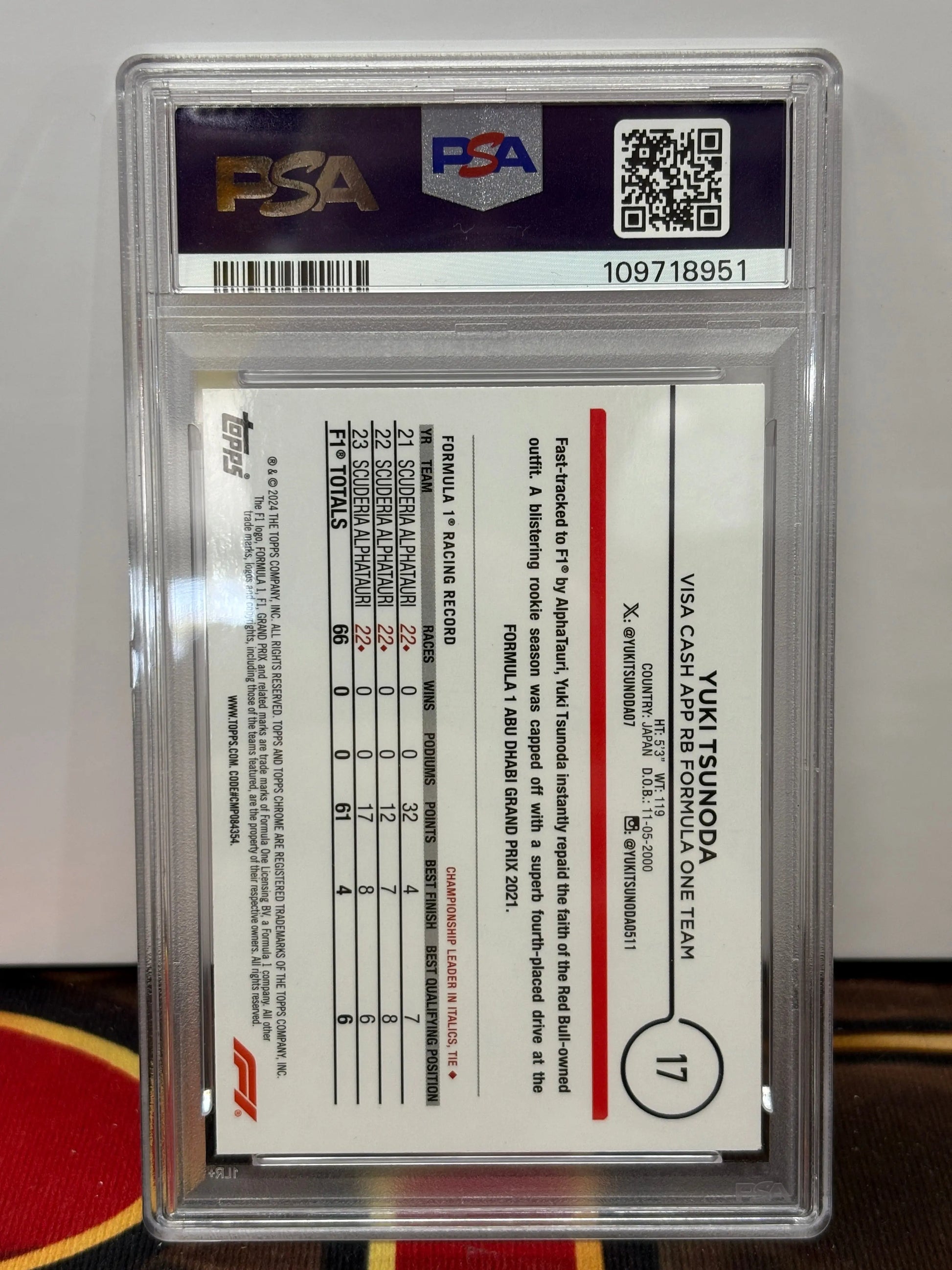2024 Topps Chrome F1 Yuki Tsunoda Purple Checker Flag Refractor PSA 10 POP: 1 FRENLY BRICKS - Open 7 Days