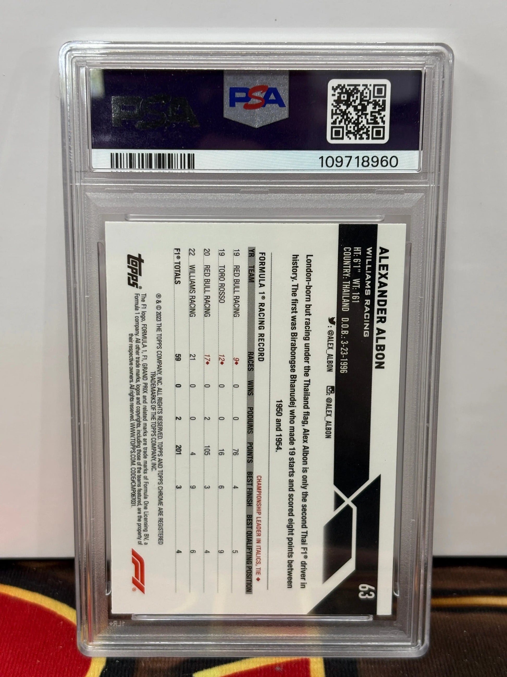 2023 Topps Chrome Alexander Albon /75 Pink Refractor PSA 10 POP: 1 FRENLY BRICKS - Open 7 Days