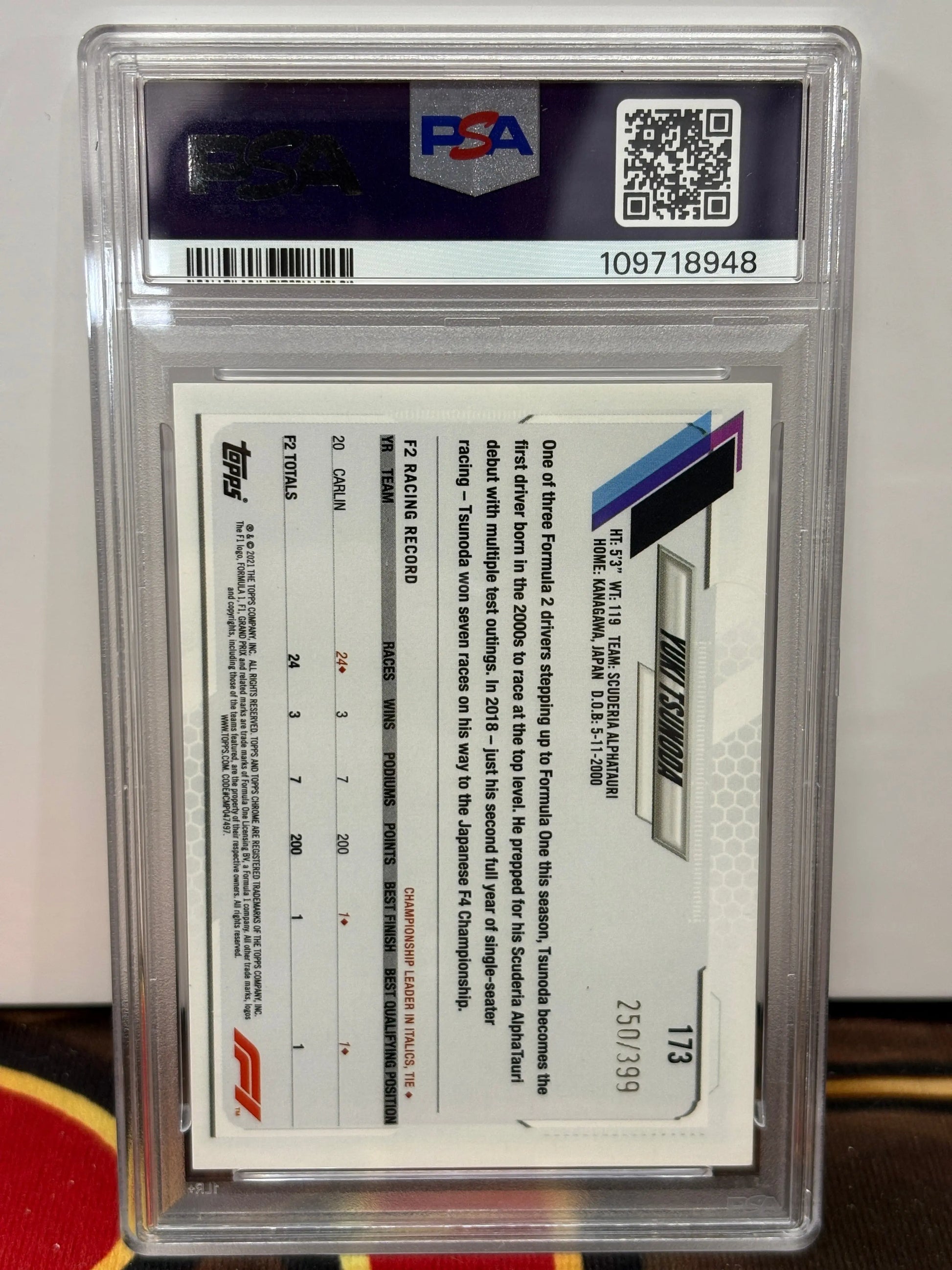 2021 Topps Chrome F1 Yuki Tsunoda Purple Refractor /399 PSA 9 FRENLY BRICKS - Open 7 Days