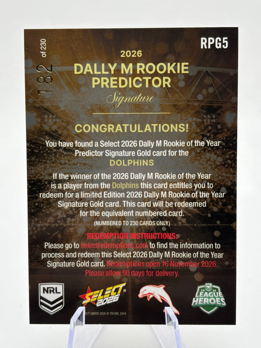 2026 SELECT NRL HEROES DALLY M ROOKIE OF THE YEAR PREDICTOR - DOLPHINS /230 FRENLY BRICKS - Open 7 Days