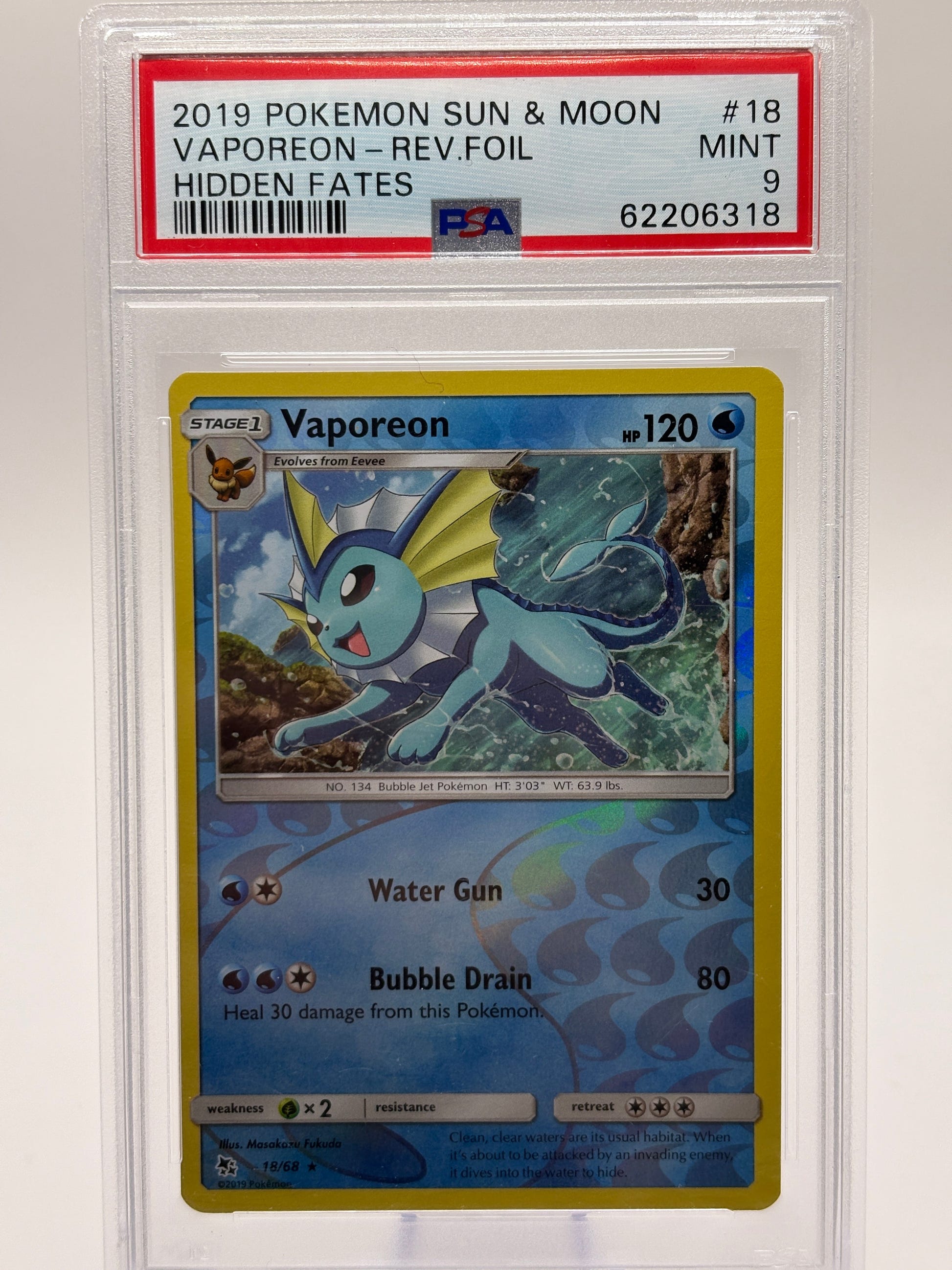 2019 Pokemon Sun & Moon Hidden Fates Vaporeon Reverse Foil #18 PSA 9 FRENLY BRICKS - Open 7 Days image 1