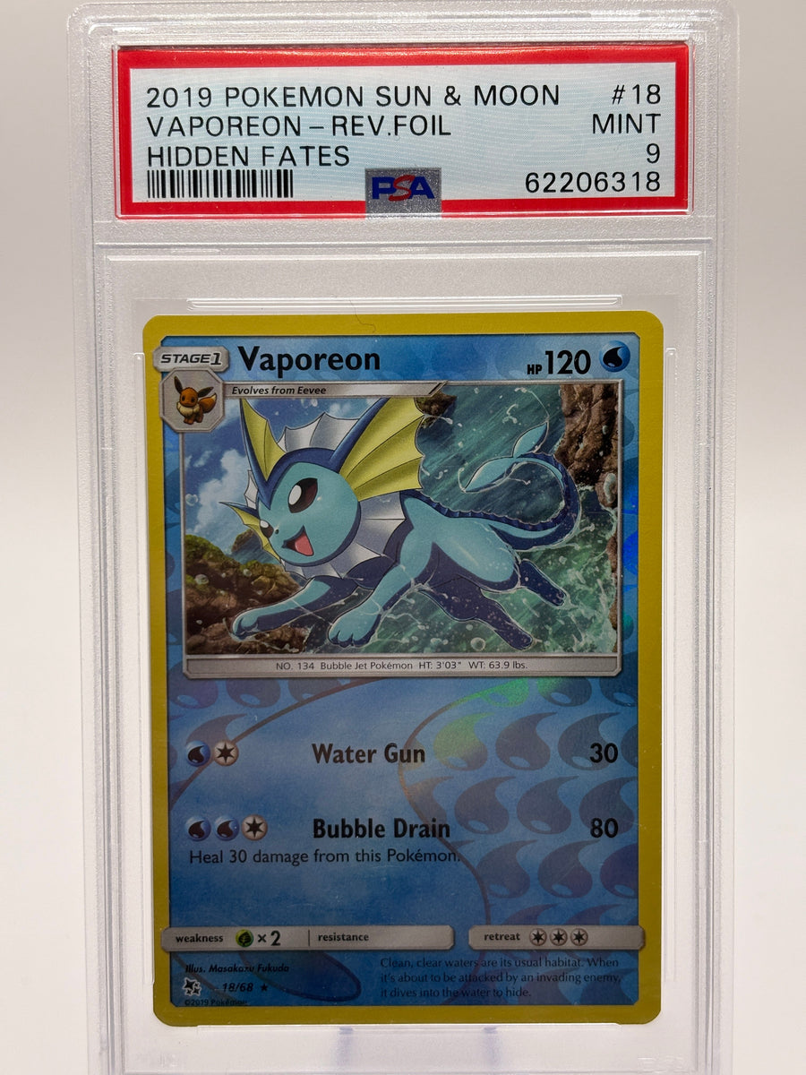 2019 Pokemon Sun & Moon Hidden Fates Vaporeon Reverse Foil #18 PSA 9 FRENLY BRICKS - Open 7 Days