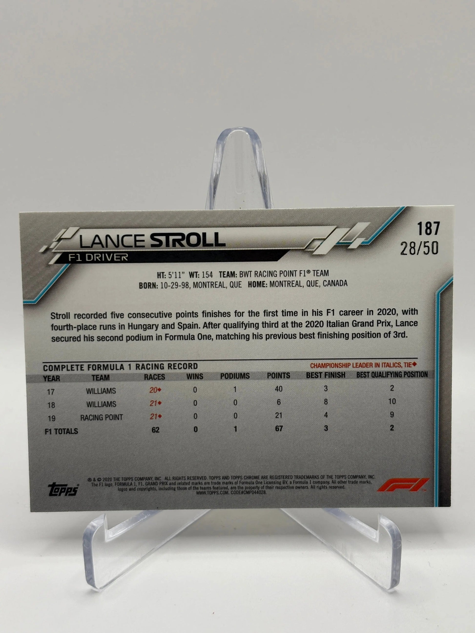 2020 Topps Chrome F1 - Lance Stroll 28/50 Gold Refractor FRENLY BRICKS - Open 7 Days