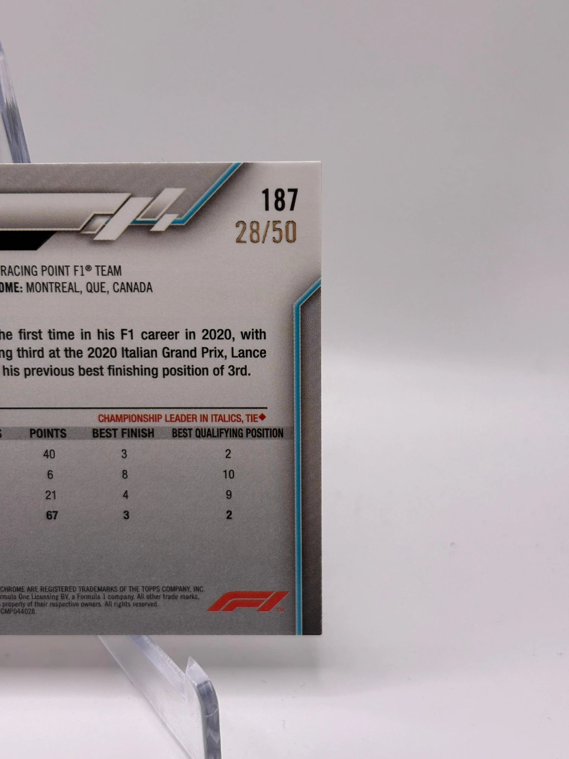 2020 Topps Chrome F1 - Lance Stroll 28/50 Gold Refractor FRENLY BRICKS - Open 7 Days