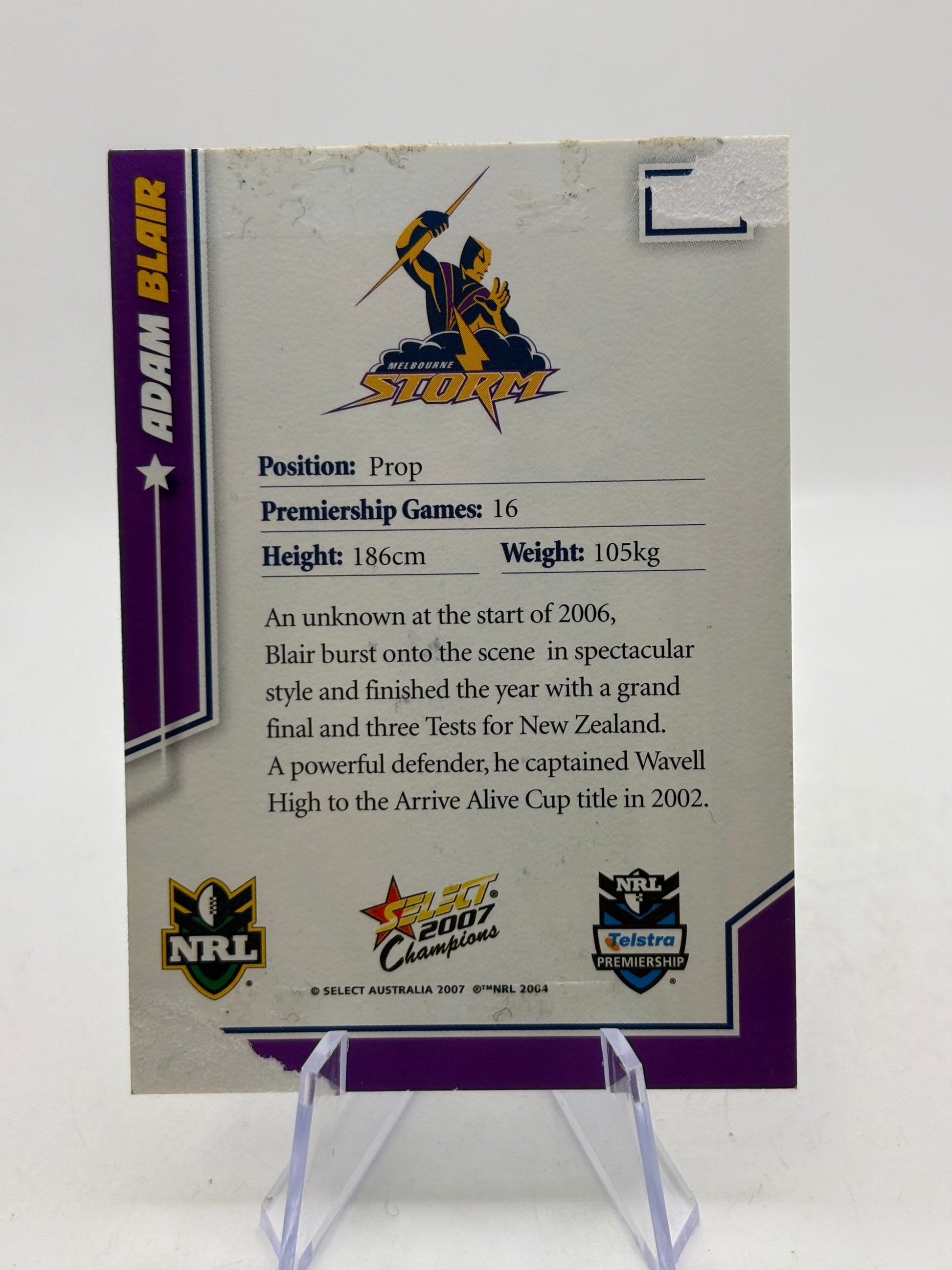 Select 2007 NRL Adam Blair Melbourne Storm on Card Auto image 2