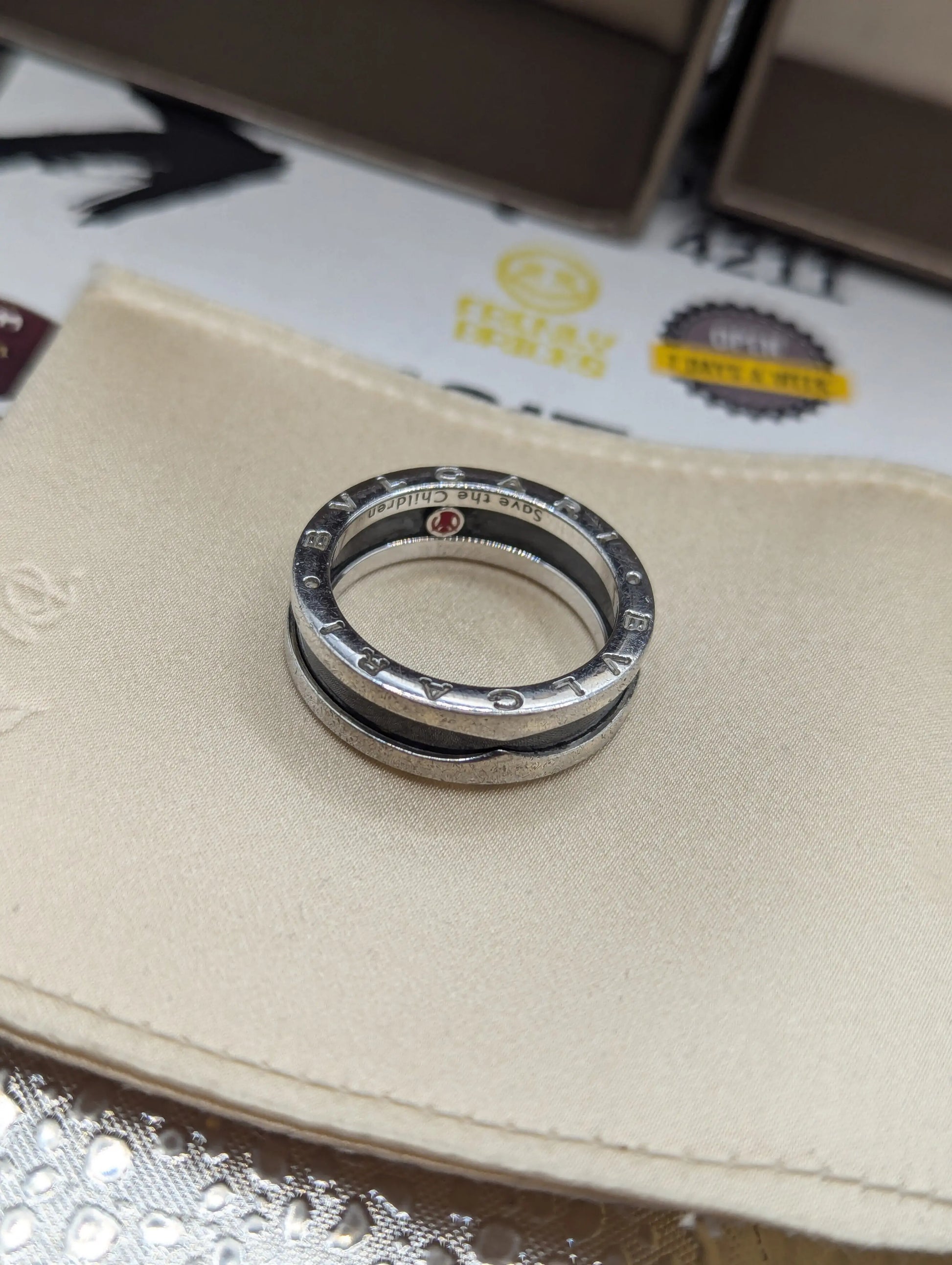 Bulgari "Save the Children" Black Ceramic & Sterling Silver Band Ring Size 60 FRENLY BRICKS - Open 7 Days