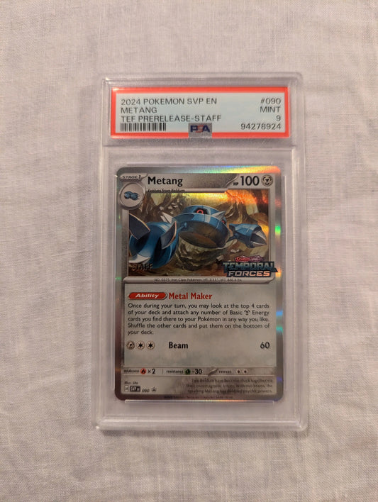 2024 Pokemon Metang TEF Prerelease Staff #90 PSA 9 FRENLY BRICKS - Open 7 Days