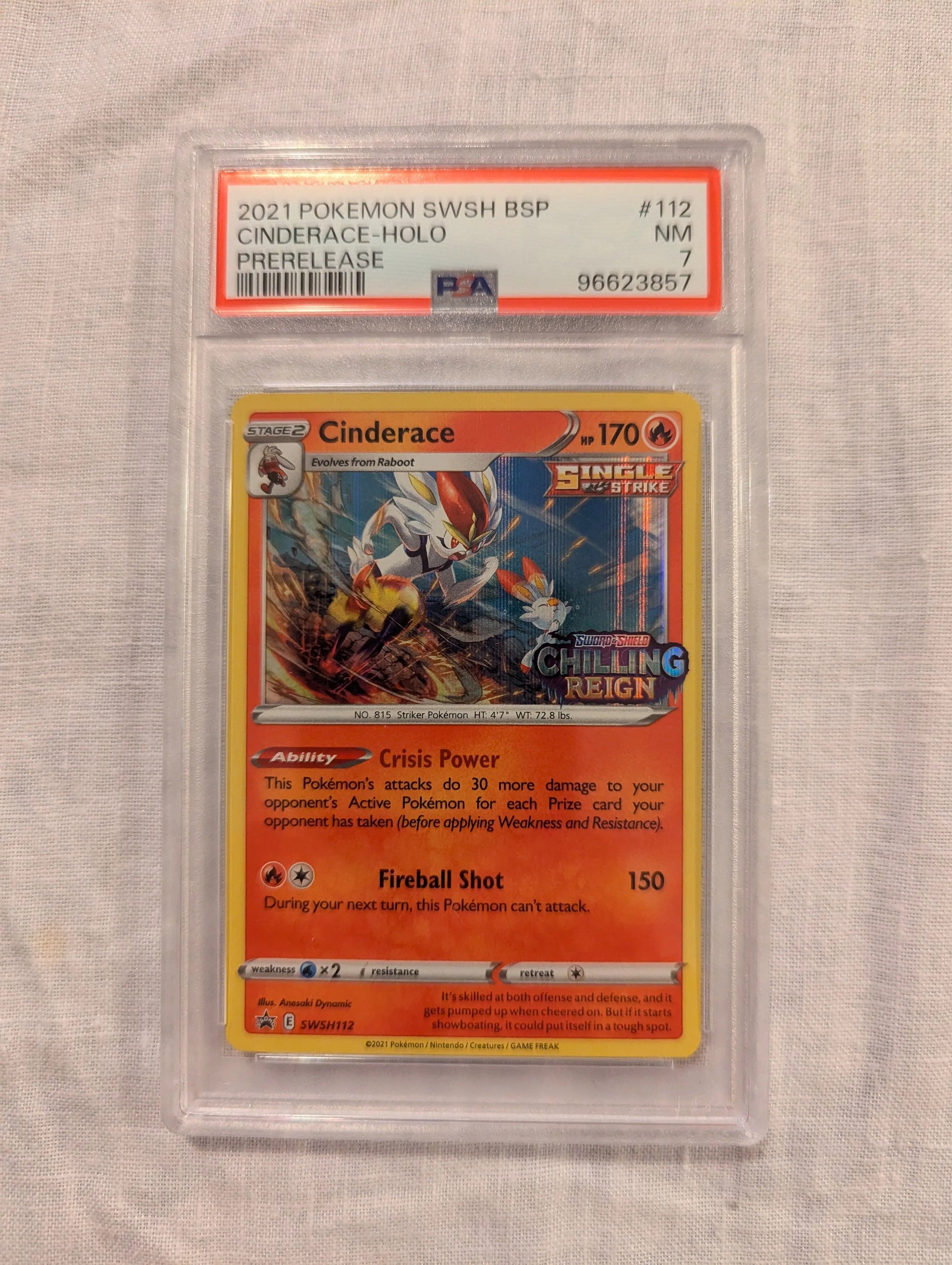 2021 Pokemon Cinderace HOLO #112 PSA 7 PRERELEASE FRENLY BRICKS - Open 7 Days