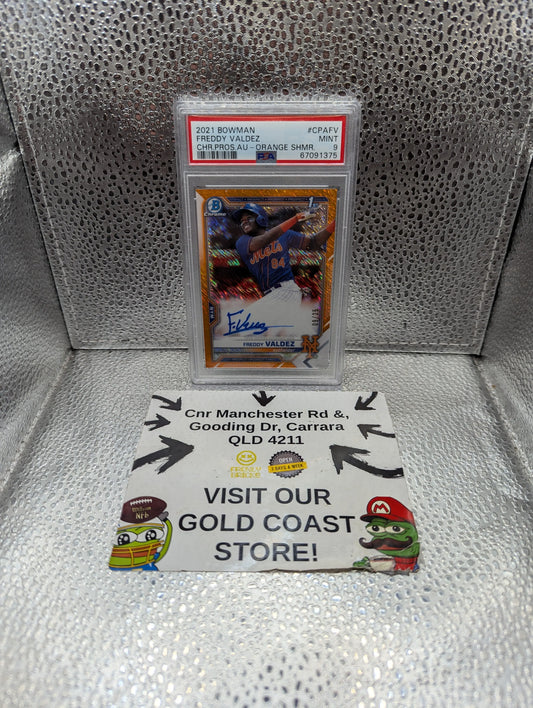 2021 Bowman Freddy Valdez ORANGE SHIMMER AUTO /25 PSA 9 FRENLY BRICKS - Open 7 Days