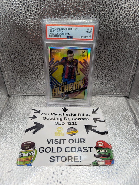 2020 Topps Merlin Chrome UCL #AA-LM Lionel Messi Ageless Alchemy PSA 9 Mint FRENLY BRICKS - Open 7 Days