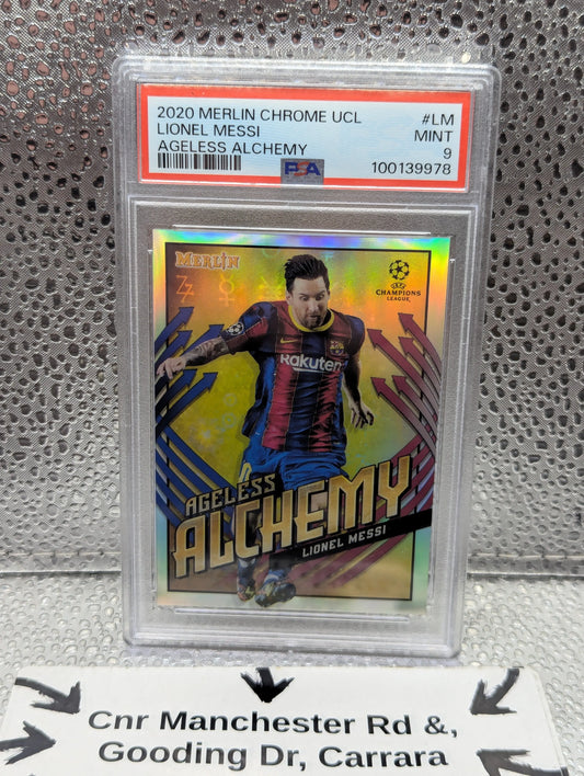 2020 Topps Merlin Chrome UCL #AA-LM Lionel Messi Ageless Alchemy PSA 9 Mint FRENLY BRICKS - Open 7 Days