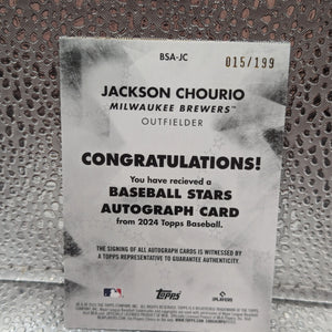 2024 Topps Update JACKSON CHOURIO RC Auto Black /199 Baseball Stars #BSA-JC FRENLY BRICKS - Open 7 Days