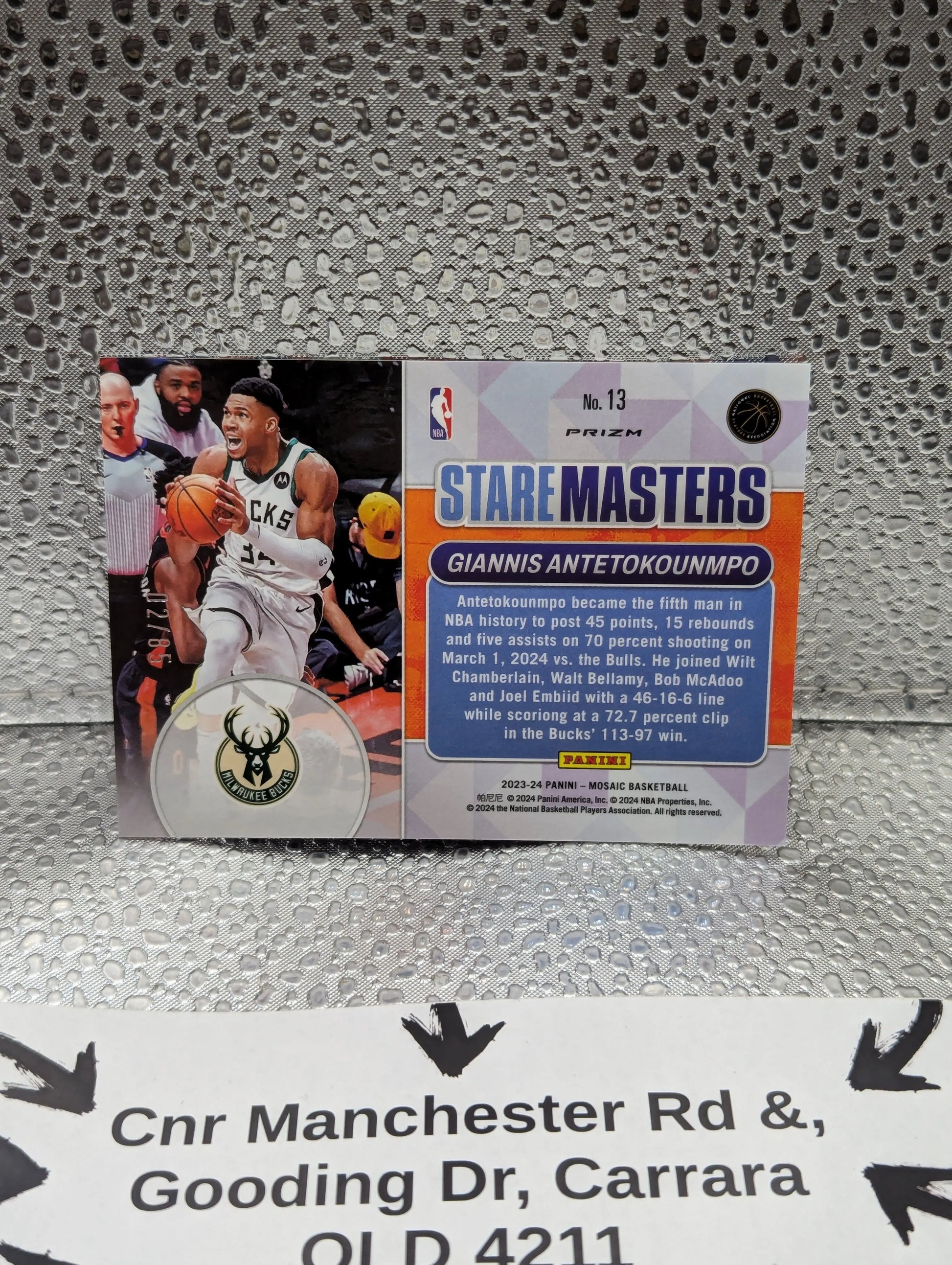 2023-24 Panini Mosaic Giannis Antetokounmpo Stare Masters Blue Fast Break # /85 FRENLY BRICKS - Open 7 Days