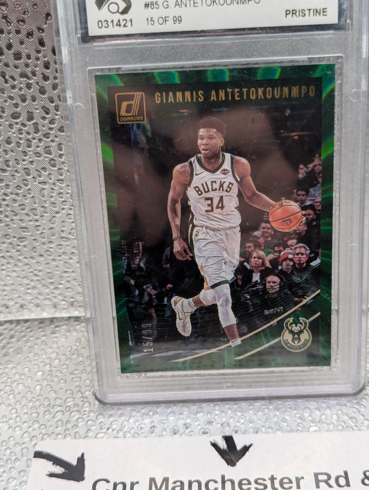 2018-19 Giannis Antetokounmpo Donruss #85 Green Laser /99 CGA 10 FRENLY BRICKS - Open 7 Days