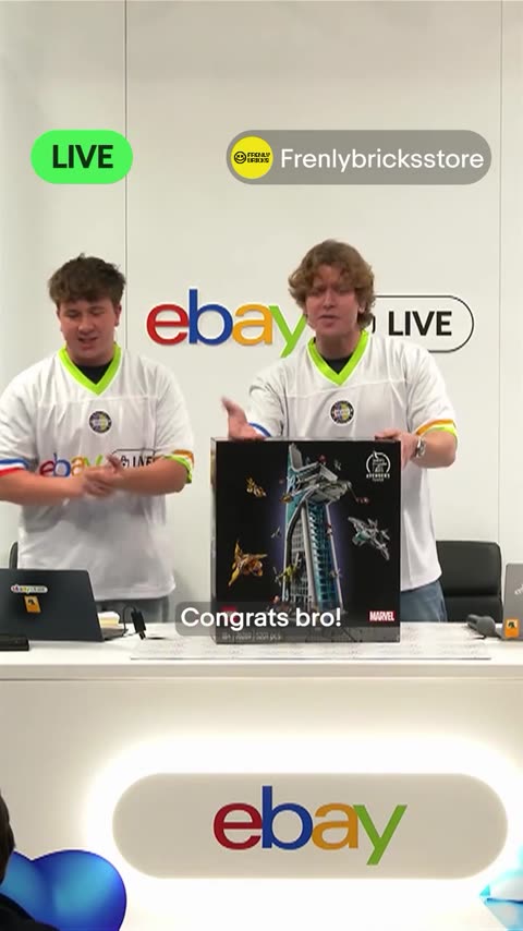 Two eBay Live hosts congratulate the winner of a $760 LEGO set won for one cent