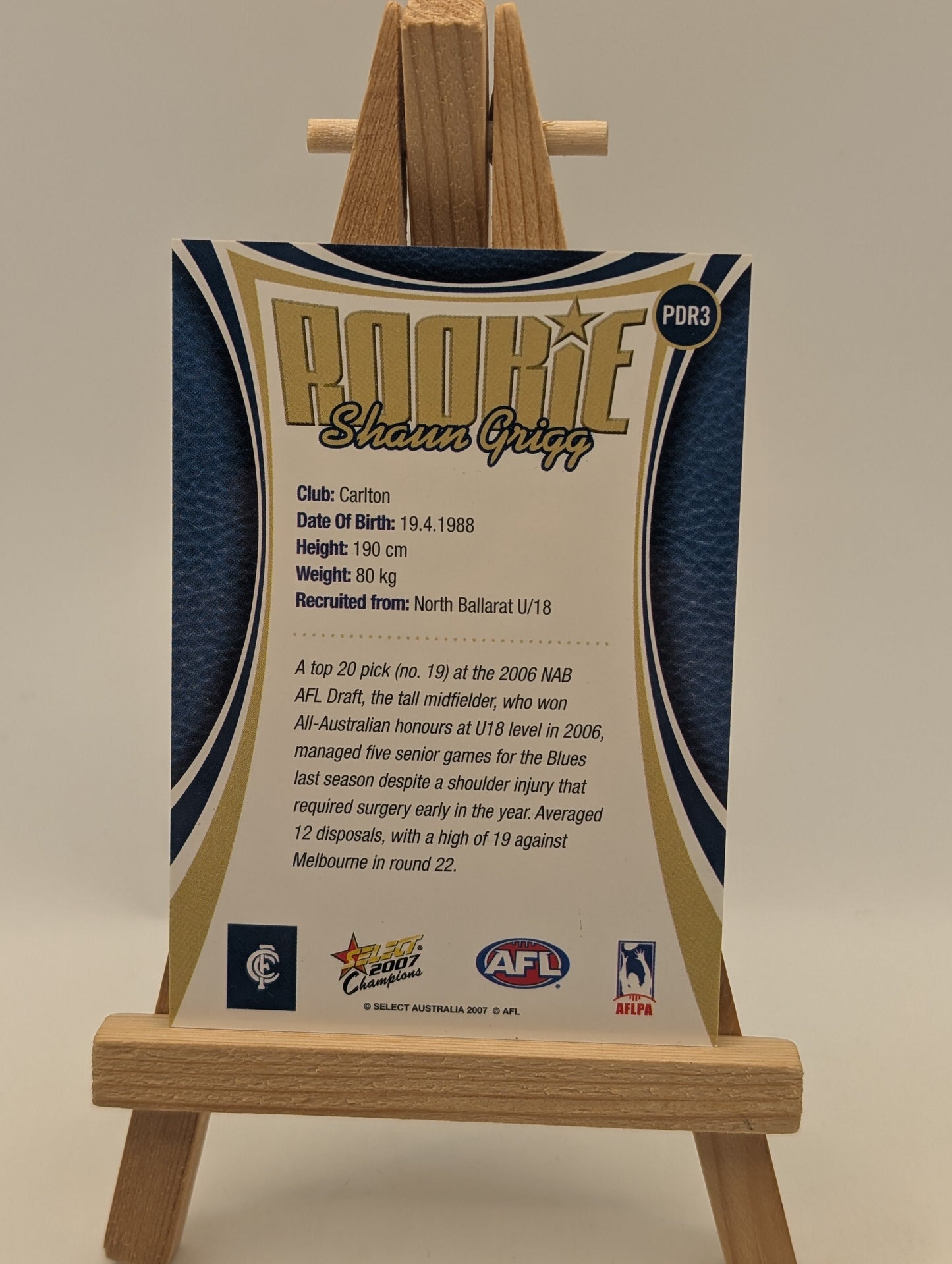 2007 Select AFL Supreme Predictor Carlton +Draft Rookie PDR3 Shaun Grigg FRENLY BRICKS - Open 7 Days