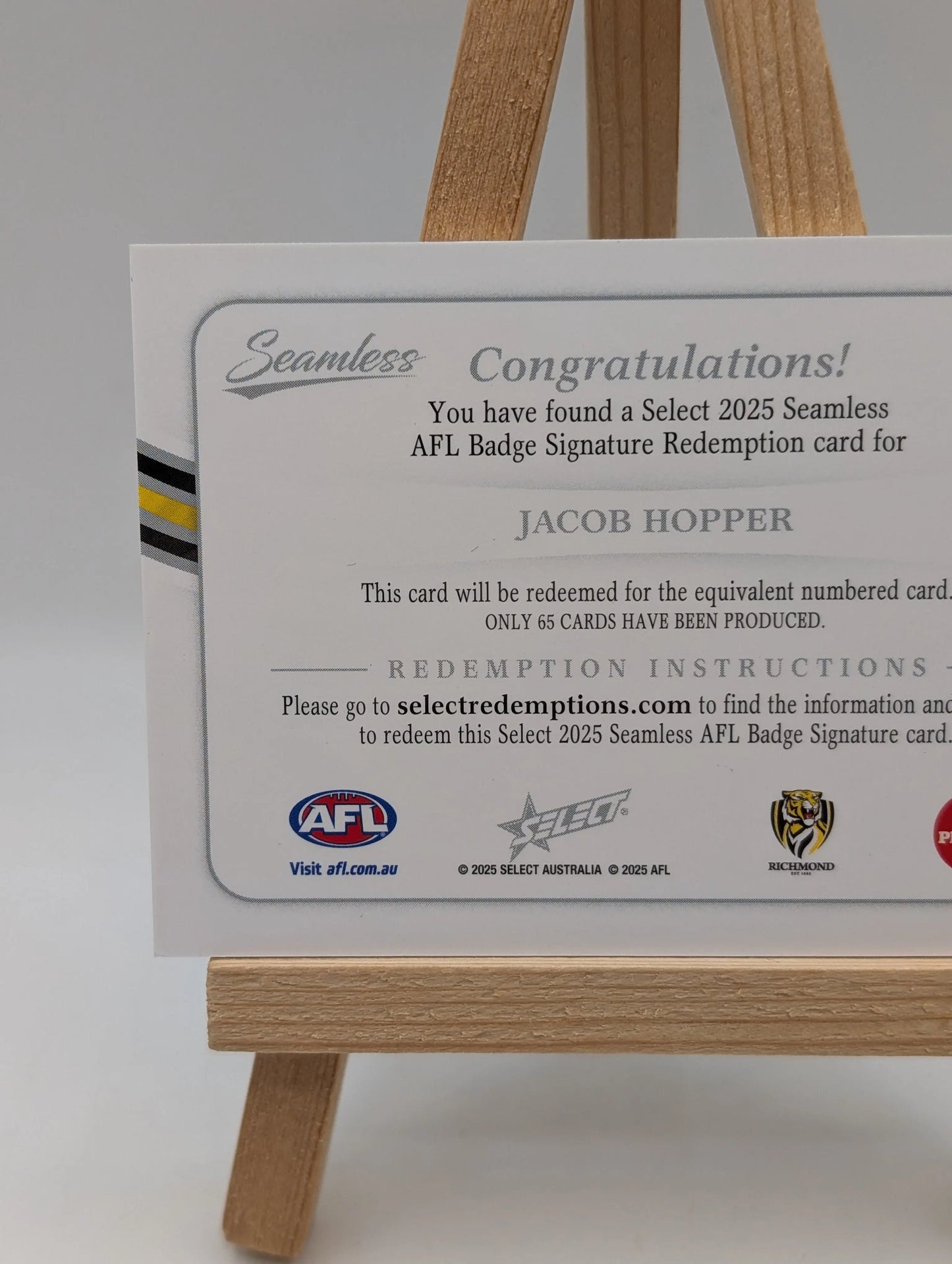 2026 AFL Select Seamless Jacob Hopper AFL Badge Signature Redemption /65 FRENLY BRICKS - Open 7 Days