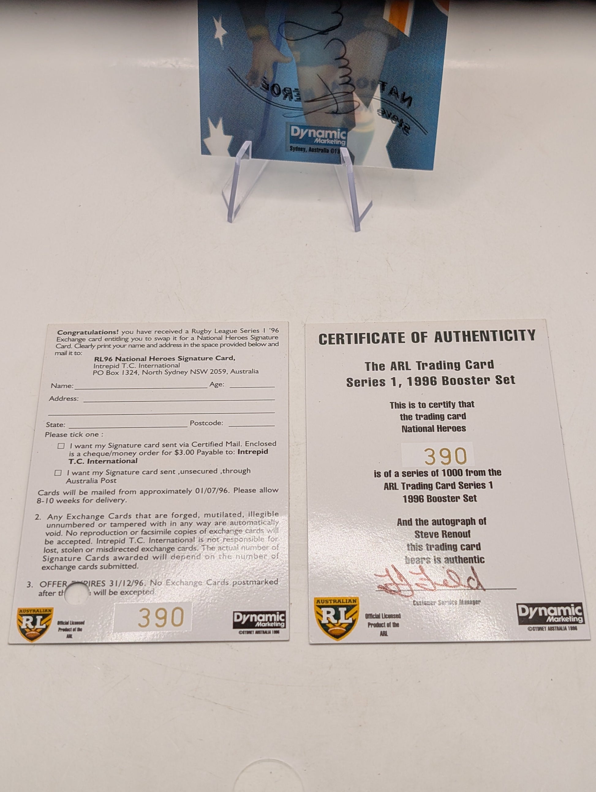 1996 Dynamic Rugby League National Heroes NH5 Steve Renouf Redemption/Auto/Cert FRENLY BRICKS - Open 7 Days