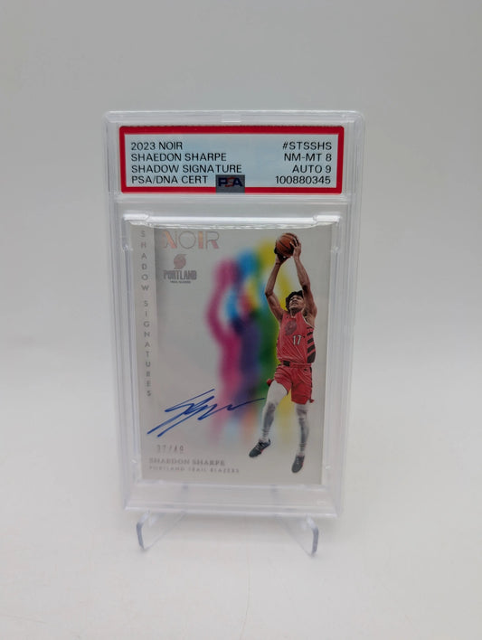 2023-24 Panini Noir Shaedon Sharpe Shadow Signature Auto /49 PSA 8 Auto 9 FRENLY BRICKS - Open 7 Days