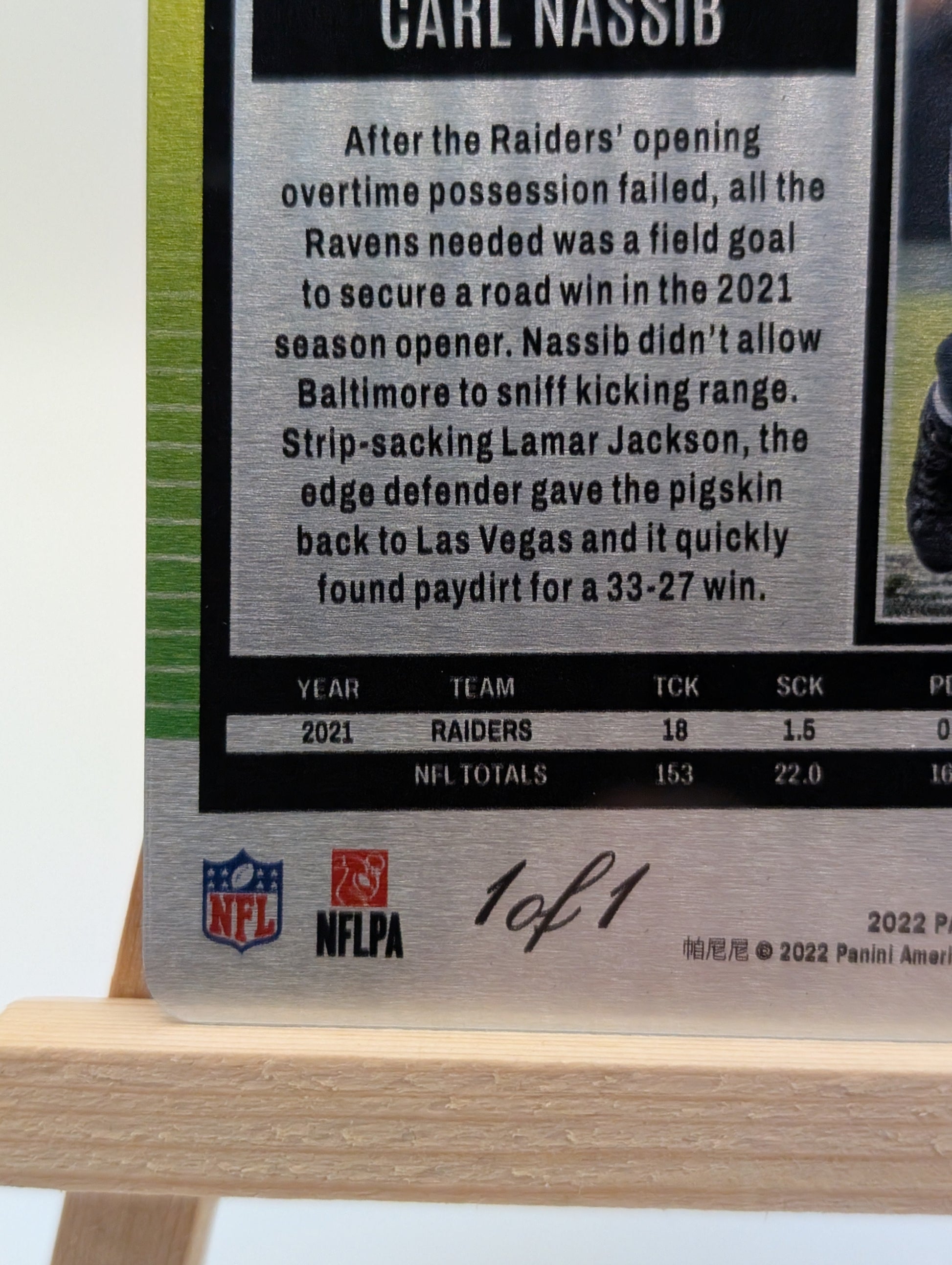 2022 Panini Score Football Carl Nassib 1/1 Raiders NFL Gridiron Card FRENLY BRICKS - Open 7 Days