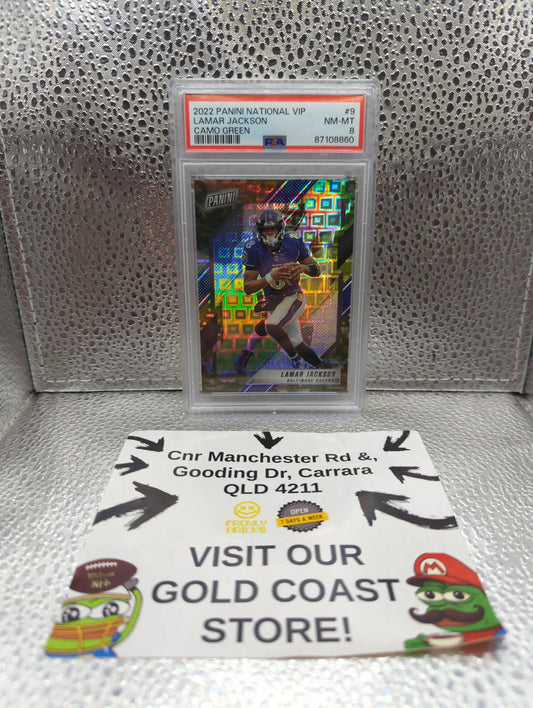 2022 Panini National VIP - Lamar Jackson #9 Camo Green /25 ,- PSA 8 FRENLY BRICKS - Open 7 Days