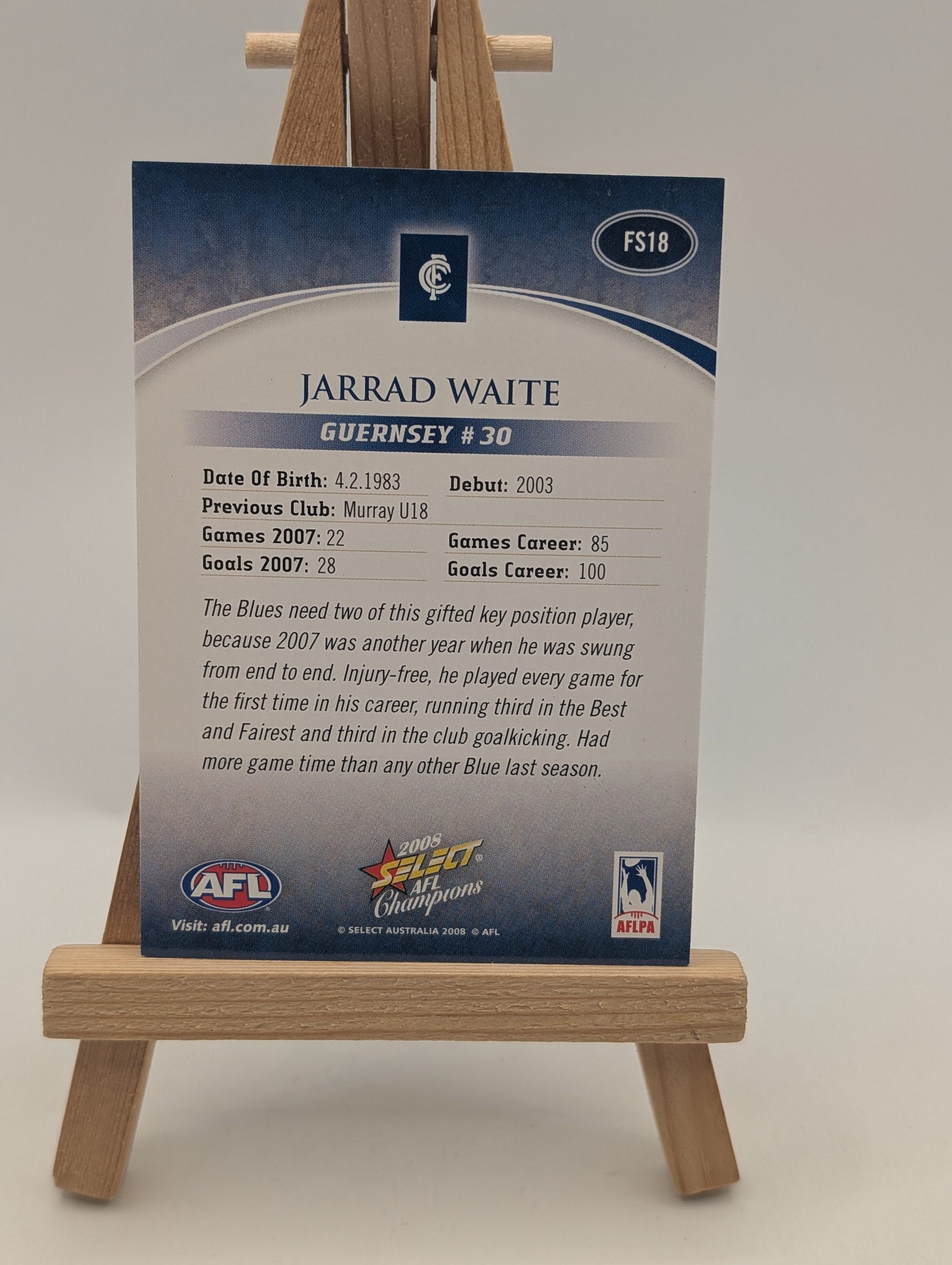 2008 AFL SELECT CHAMPIONS BLUE FOIL SIGNATURE - FS18 Jarrad WAITE (CARLTON) FRENLY BRICKS - Open 7 Days image 3