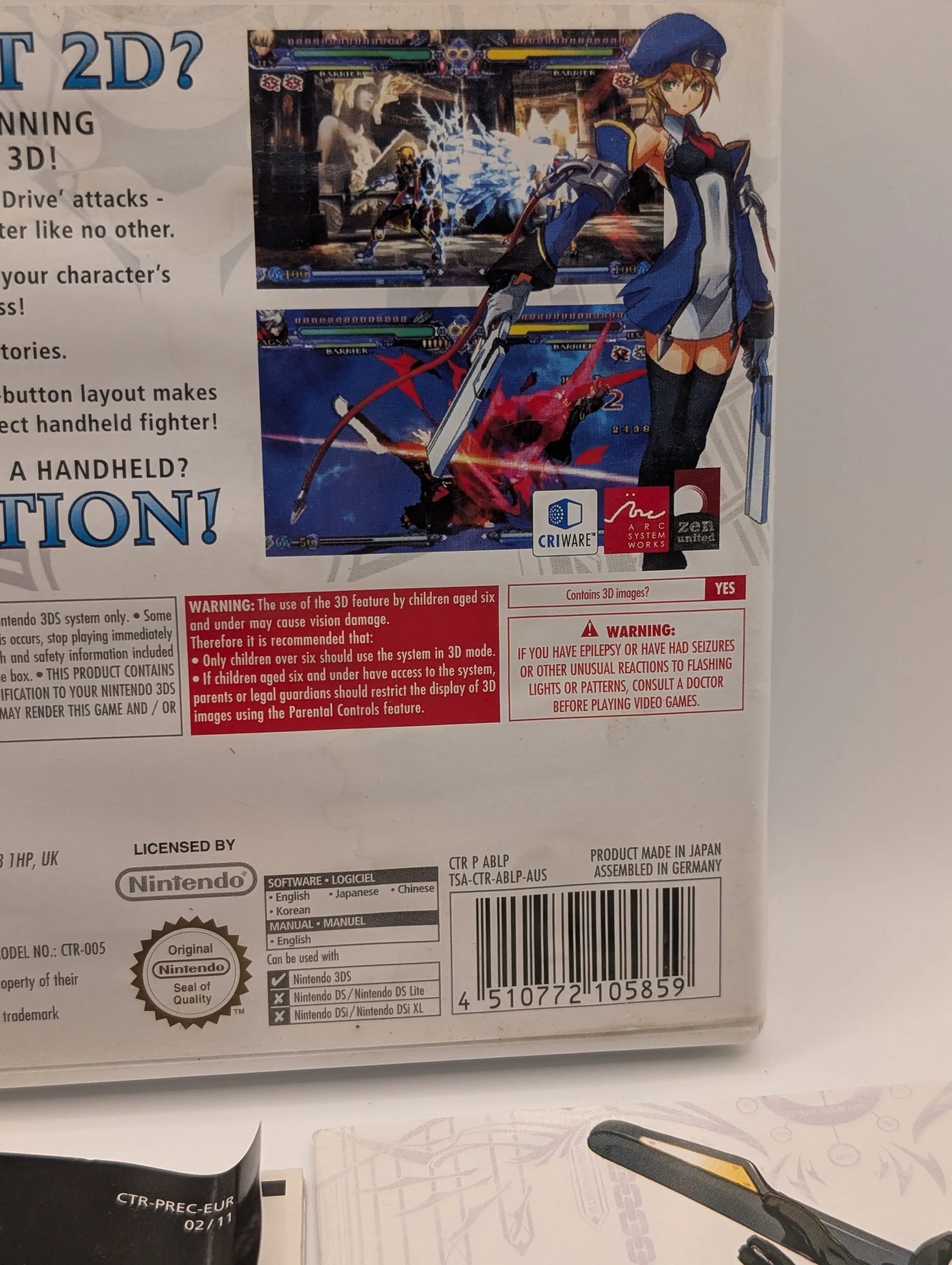 BlazBlue Continuum Shift II PAL Nintendo 3DS Used, Manual, Game, Case FRENLY BRICKS - Open 7 Days