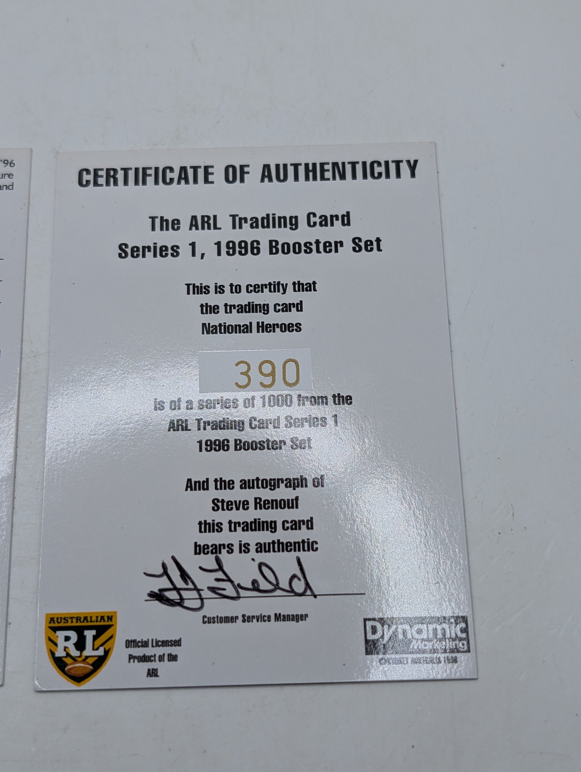 1996 Dynamic Rugby League National Heroes NH5 Steve Renouf Redemption/Auto/Cert FRENLY BRICKS - Open 7 Days