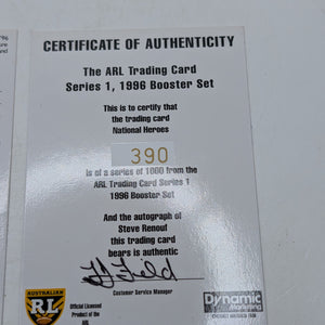 1996 Dynamic Rugby League National Heroes NH5 Steve Renouf Redemption/Auto/Cert FRENLY BRICKS - Open 7 Days