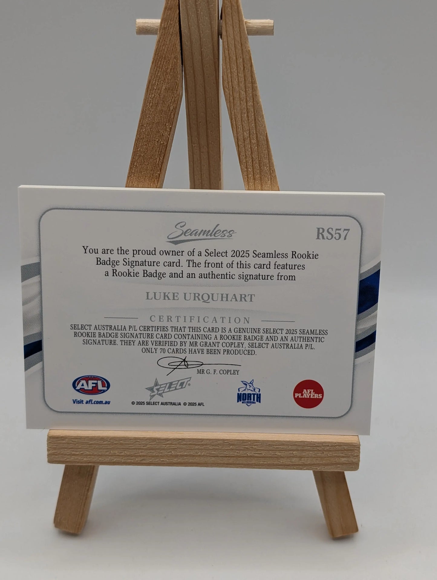 2025 AFL Select Seemless Rookie Badge Auto Luke Urquhart North Melbourne RC /70 FRENLY BRICKS - Open 7 Days