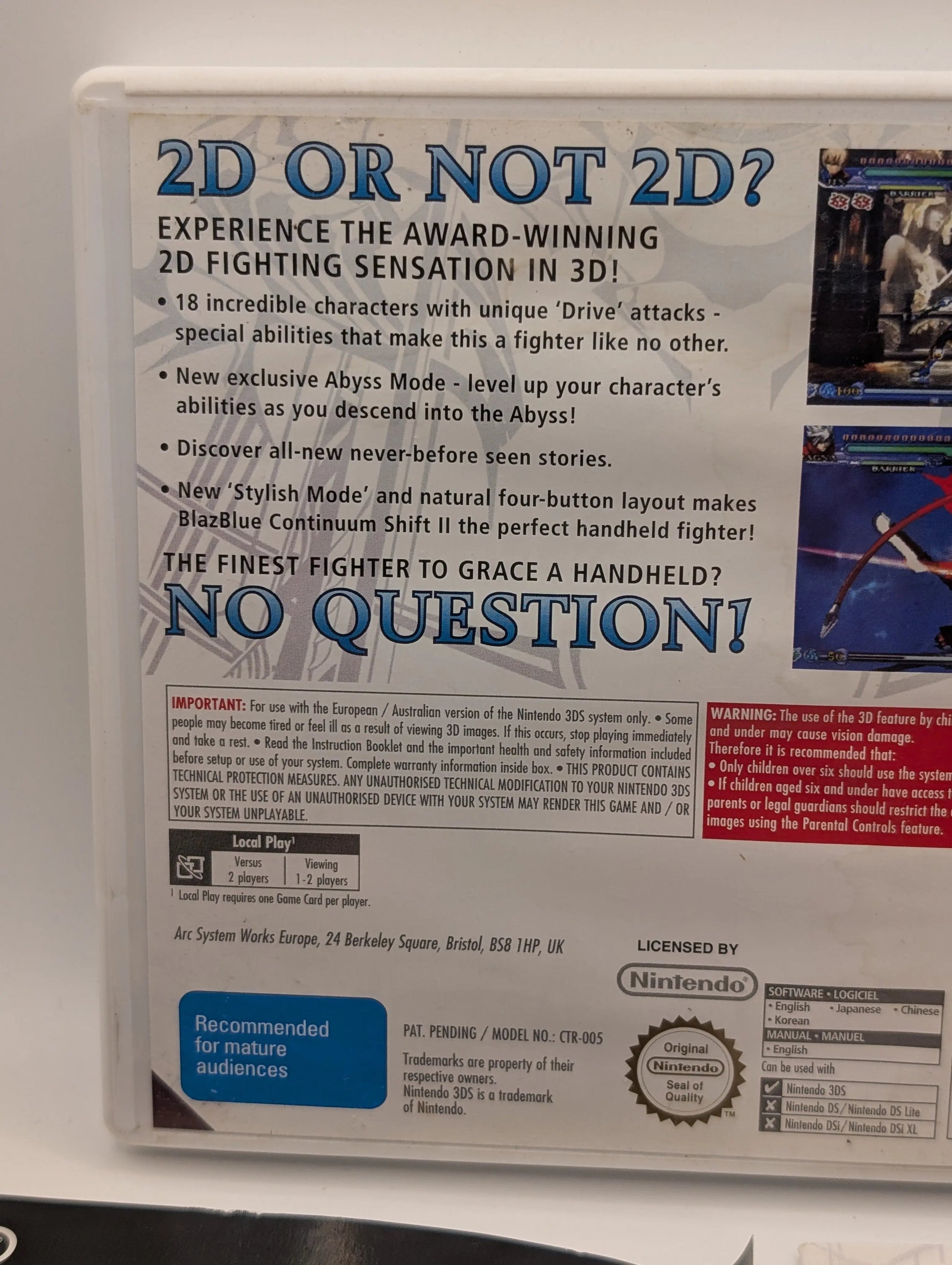 BlazBlue Continuum Shift II PAL Nintendo 3DS Used, Manual, Game, Case FRENLY BRICKS - Open 7 Days