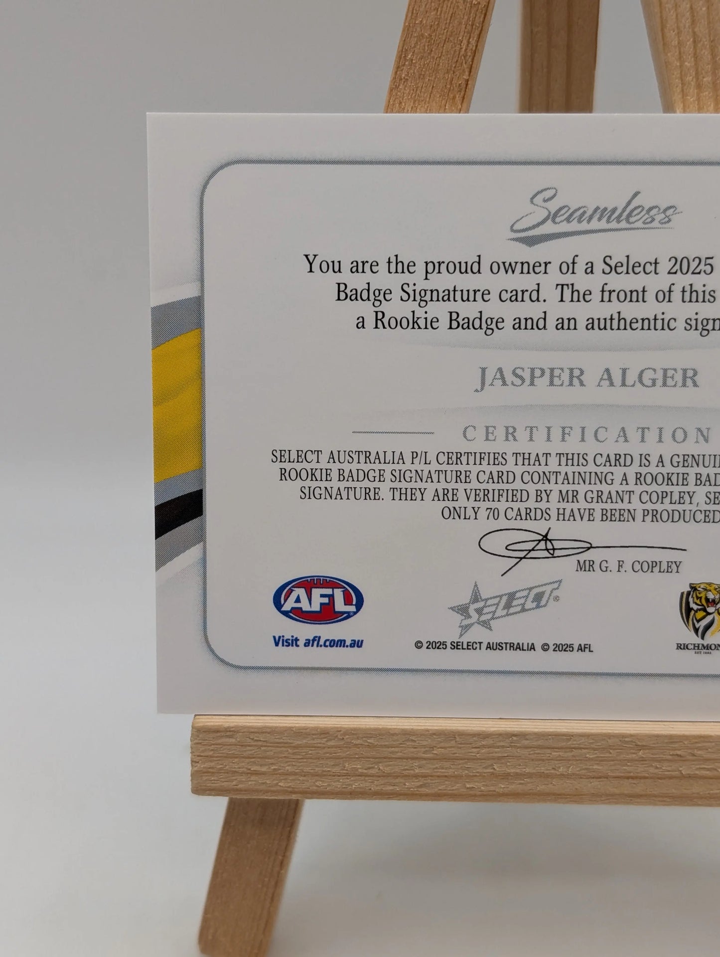 2025 Select Seamless Rookie Patch Signature JASPER ALGER /70 Richmond Tigers FRENLY BRICKS - Open 7 Days