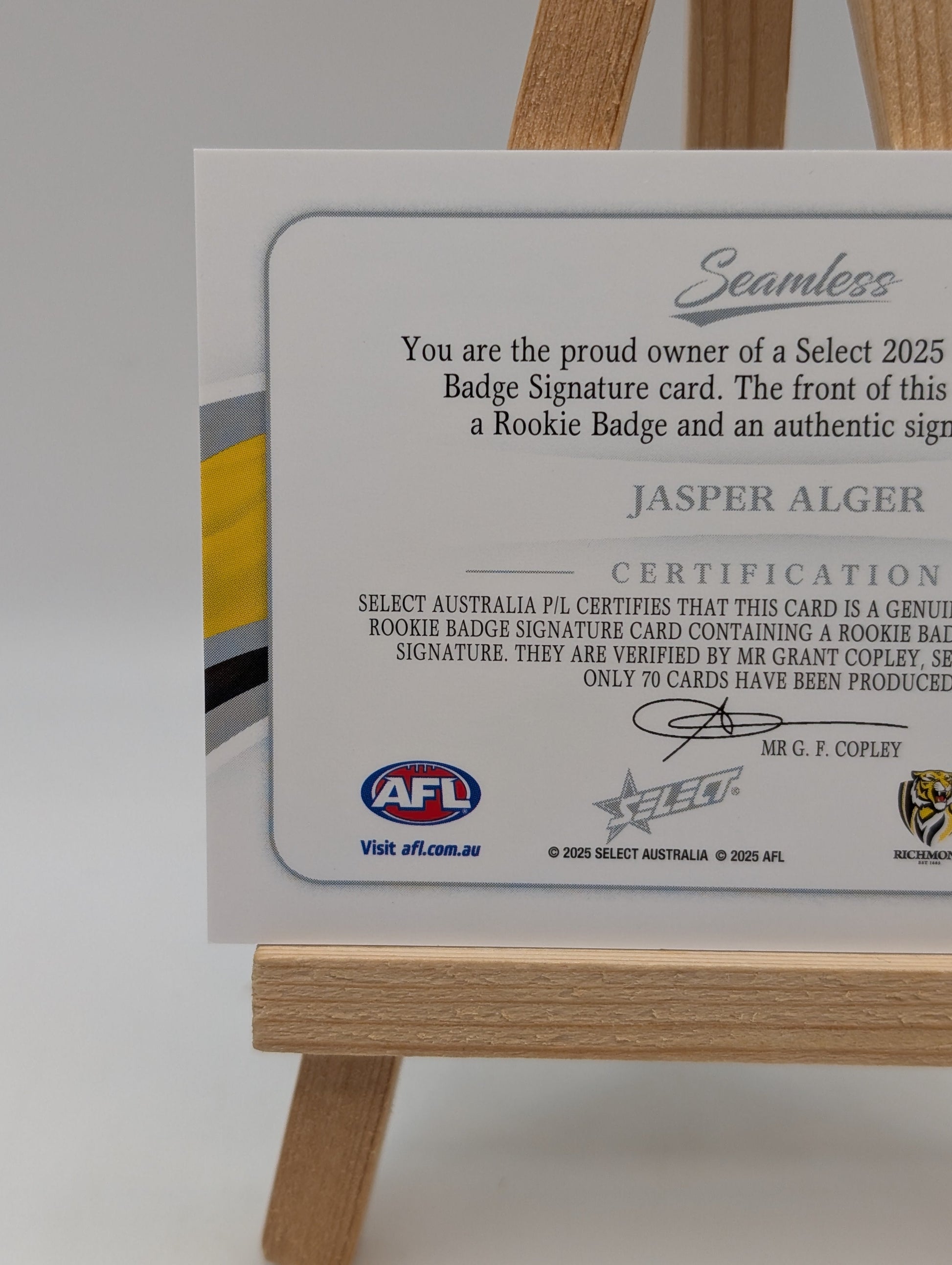 2025 Select Seamless Rookie Patch Signature JASPER ALGER /70 Richmond Tigers FRENLY BRICKS - Open 7 Days